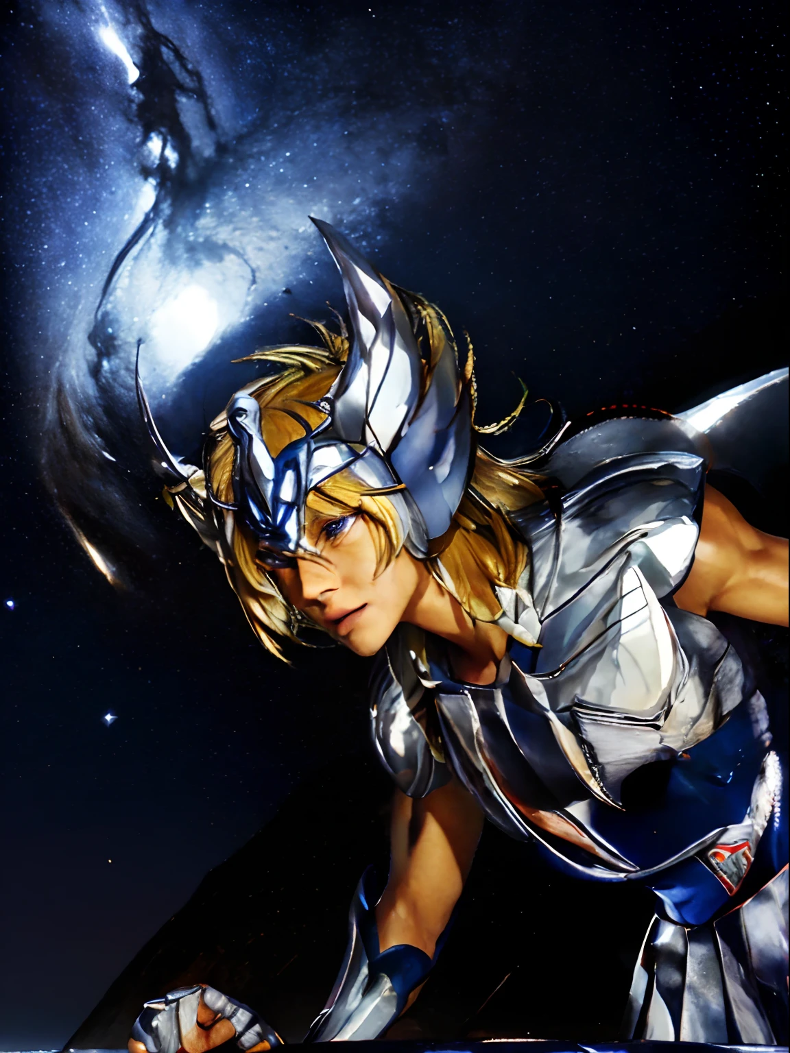 masutepiece, Best Quality, High resolution, Realistic skin texture, armor, (Photorealistic: 1.4), High resolution, Raw photo, 1 boy, Shiny skin, (Skin Detail: 1.2), Realistic skin texture, better lighting, cheerfulness, Dramatic Lighting, Attack Pose, (greek temple background: 1.2), (nigh sky: 1.1), cosmos, Milky way,, (helmets: 1.2), Tanned skin, blond hair,  (Silver breastplate: 1.4), (helmets), Blue shirt, fire, Serious face, silver armour