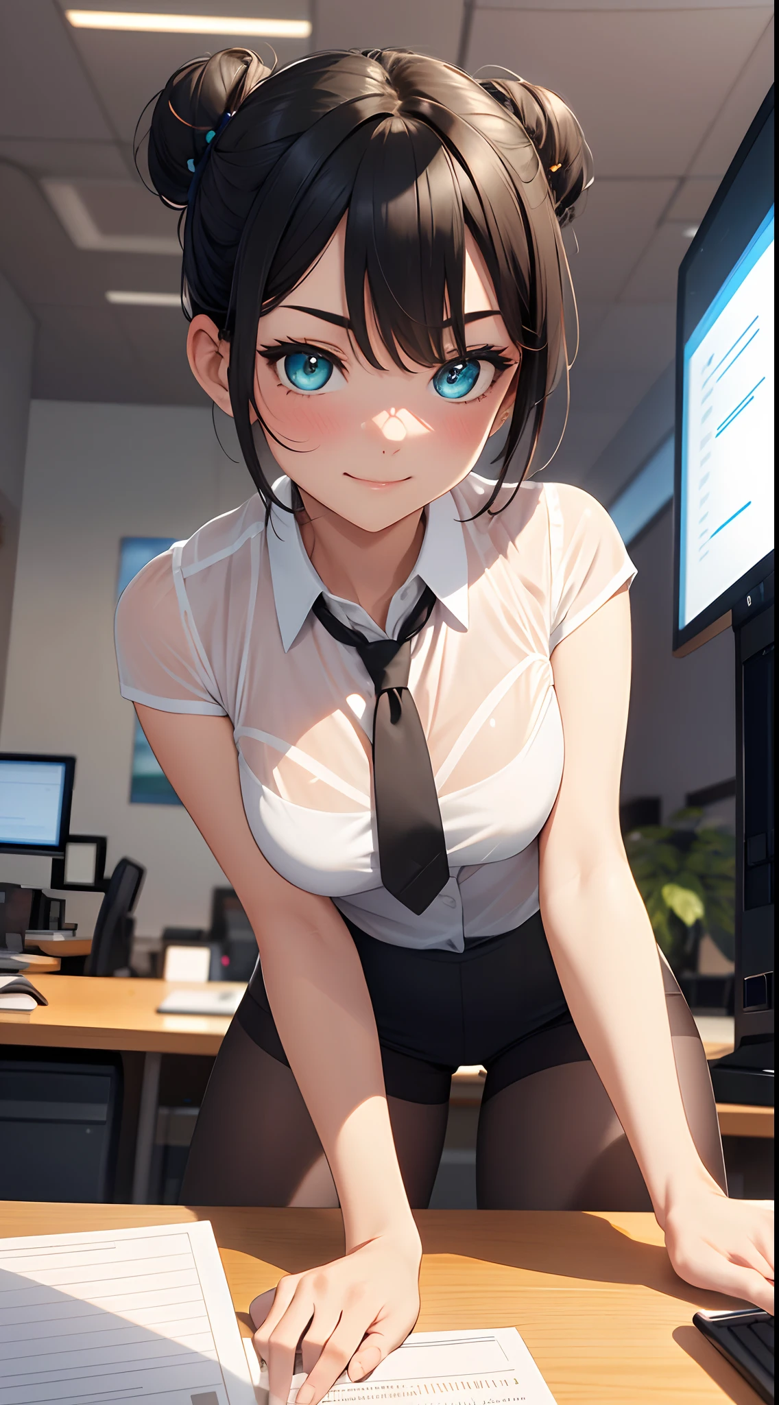 (RAW, best quality, masterpiece:1.5), (photo realistic, intricate details:1.2), ultra highres, absurdres,
1girl, beautiful face, blue eyes, green eyes, detalied eyes, symmetric eyes, light on face, nose blush, short hair, hair bun, black hair tie, 
clk, vest, suit, pencil miniskirt, white shirt, silk scarf, black pantyhose, [:20d, :0.8],
smile, small dimples, sexually suggestive, 
medium breasts, slim waist, slim legs, long legs,
sitting on chair in front of desk, perfect body, good proportions,
looking at viewer, 
(office, indoor, hyper detailed background:1.2), japan, copy machine, file cabinet, computer, monitor,
shiny skin, real skin texture, 
natural lighting, best lighting, detailed background, detailed shadow, sharp focus, depth of field f/2,
saturated, high contrast, strong light and shadow