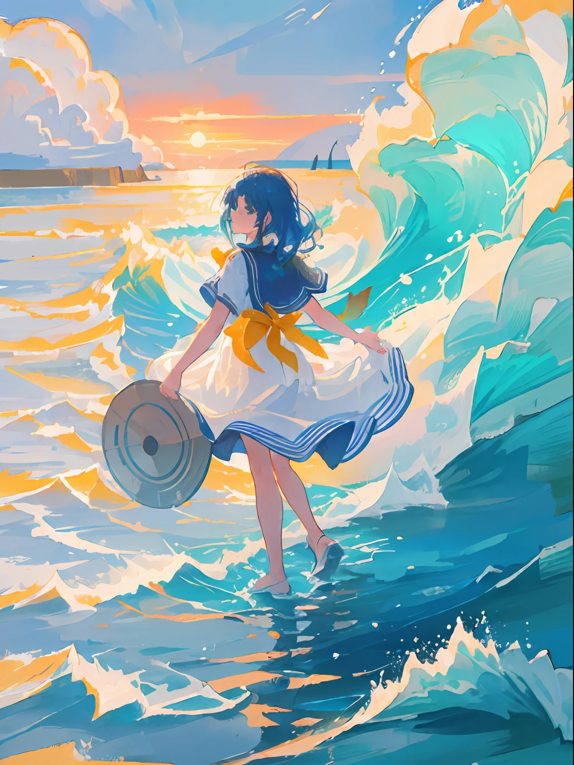 1girl,solo,light_blue_hair,sky_print, liquid hair, long hair,floating hair, full body, standing,sundress, liquid clothes, water,waves, tsunami,tide,sea,water dress, beautiful detailed eyes, {{{masterpiece}}}, {{{best quality}}}, {{ultra-detailed}}, {illustration}, cinematic angle, {beautiful detailed eyes}, extremely detailed, detailed background, detailed face. The wing of the sea is the wave; the wave of the sky is the rain; the salt of the rain falls as hail