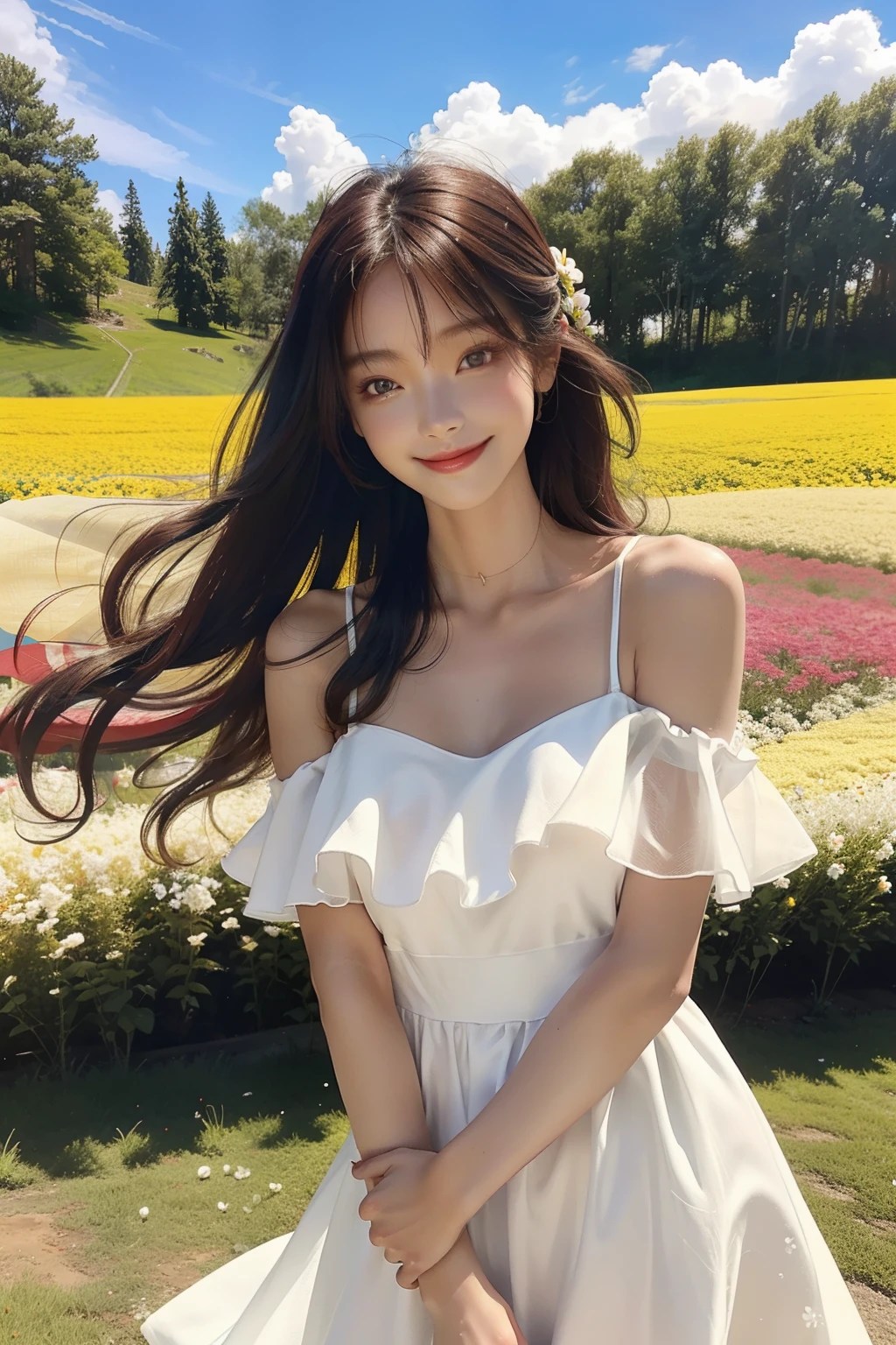 "Best picture quality, tmasterpiece, 超高分辨率, Realistic feeling, RAW photogr, Girl in a flower field, white dresses, Shoulder dew, The skin glows, Smile positively, 19-year-old female model, Long hair micro-curls, White Skin Skin"