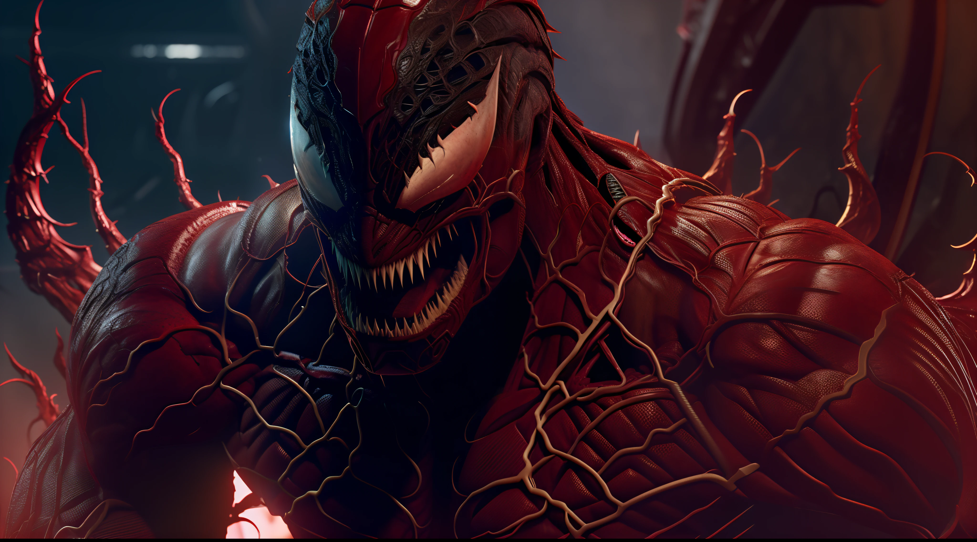 Carnage (Marvel), standard body, rough black skin, sharp teeth, evil smile, beautiful, cool, intricate details, sci-fi, 8K.