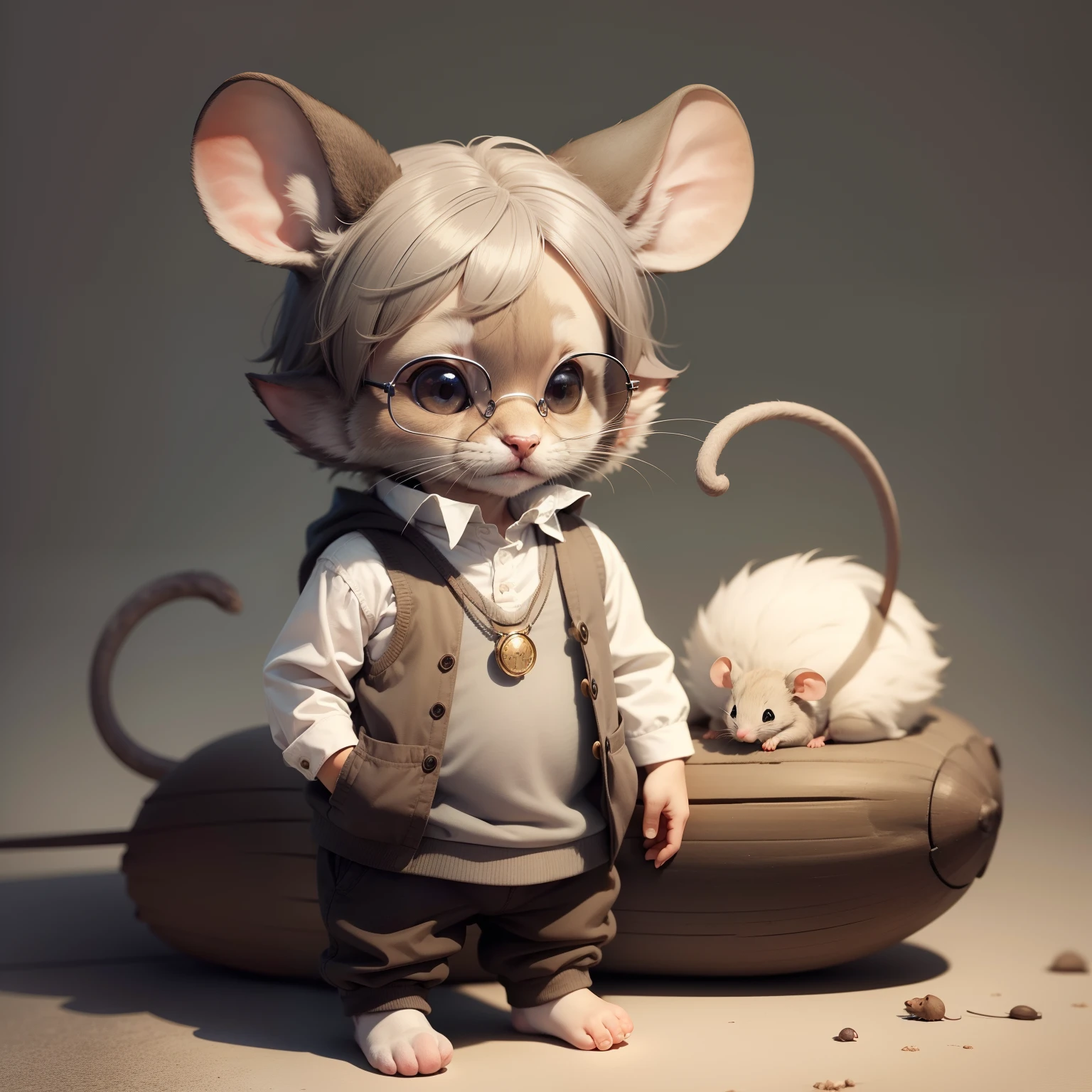 Animal:  mouse. Body size: head and body are the same height.
Color: Soft gray or light brown with a white belly.
Characteristics: Large ears and a long, thin tail. Eyes: Dark and shiny.
Clothing: A cute scholarly image, perhaps with glasses and a small vest.
Around his neck hangs a pocket watch.