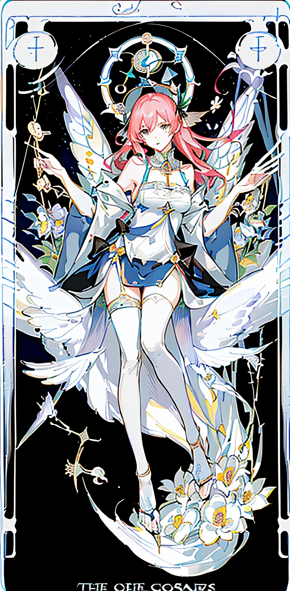 (the golden ratio:1.2),(Rose graffiti:1.2),(Fault color:1.3),[(White background:1.4)::10],(full bodyesbian:1.2),(ultradetailed:1.3),(tarot cards:1.6),(magestic(tarot cards):1.6),(paper:1.2),(faeries:1.6),(Fairy Wings:1.2),full bodyesbian,dangling,(cruel:1.2),(Long red hair),(butterfly hair ornaments),(Floral hair ornaments:1.0),((sandals,Locket)),(Colorful cocktail dress:1.0)+(Loose-fitting sleeved jacket:1.3)+(Fluttering colored tassels and ribbons:1.2 ),(White stockings:1.2),(Colored ink paper flowers:1.2),(Sea of colorful flowers:1.3),(Chaotic geometry:1.3),(negative space:0.8),(Drawing board:1.3 ), (Etheric color ink flows:1.3) Sitting on the steps with the pink phalanx behind you