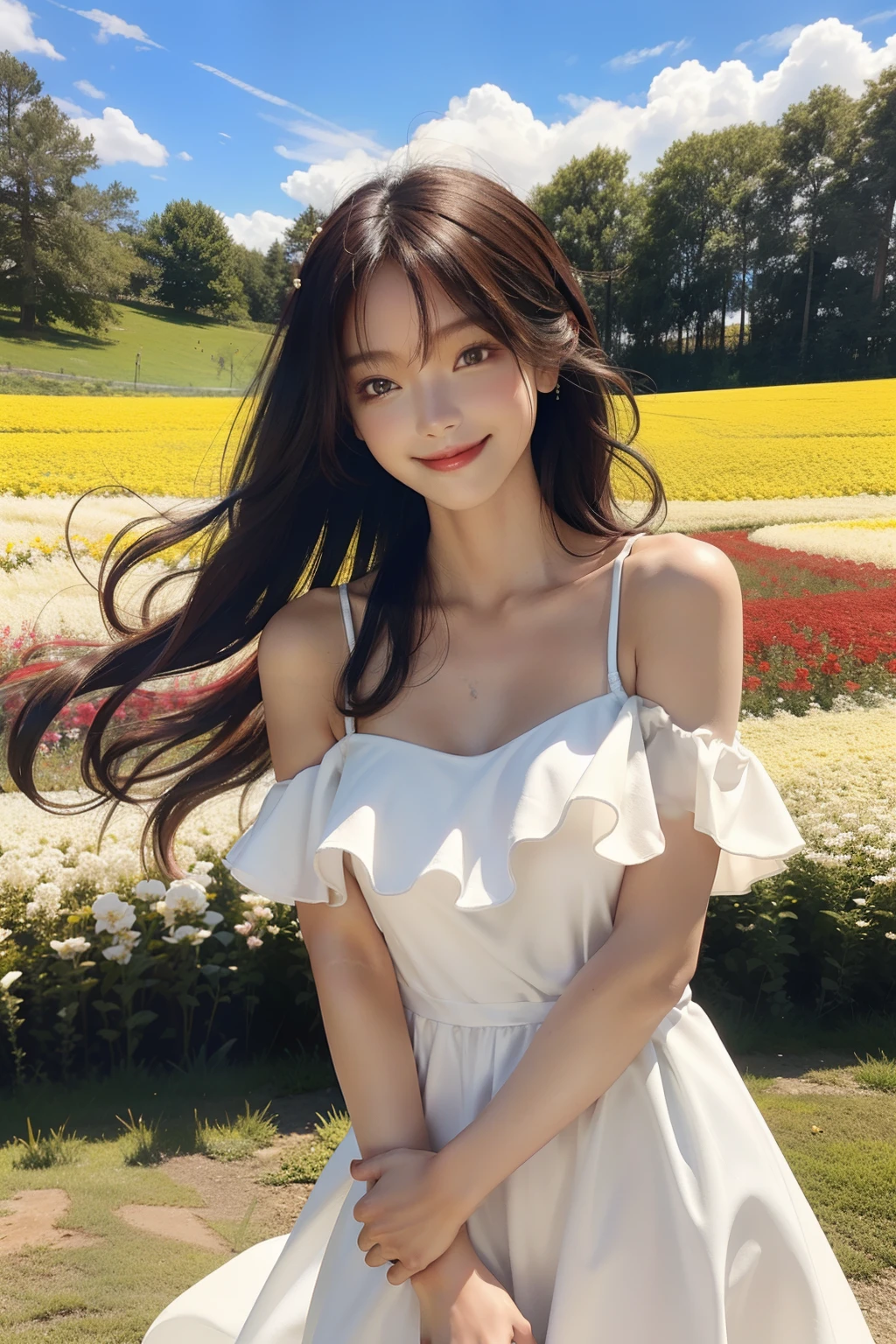 "Best picture quality, tmasterpiece, 超高分辨率, Realistic feeling, RAW photogr, Girl in a flower field, white dresses, Shoulder dew, The skin glows, Smile positively, 19-year-old female model, Long hair micro-curls, White Skin Skin"