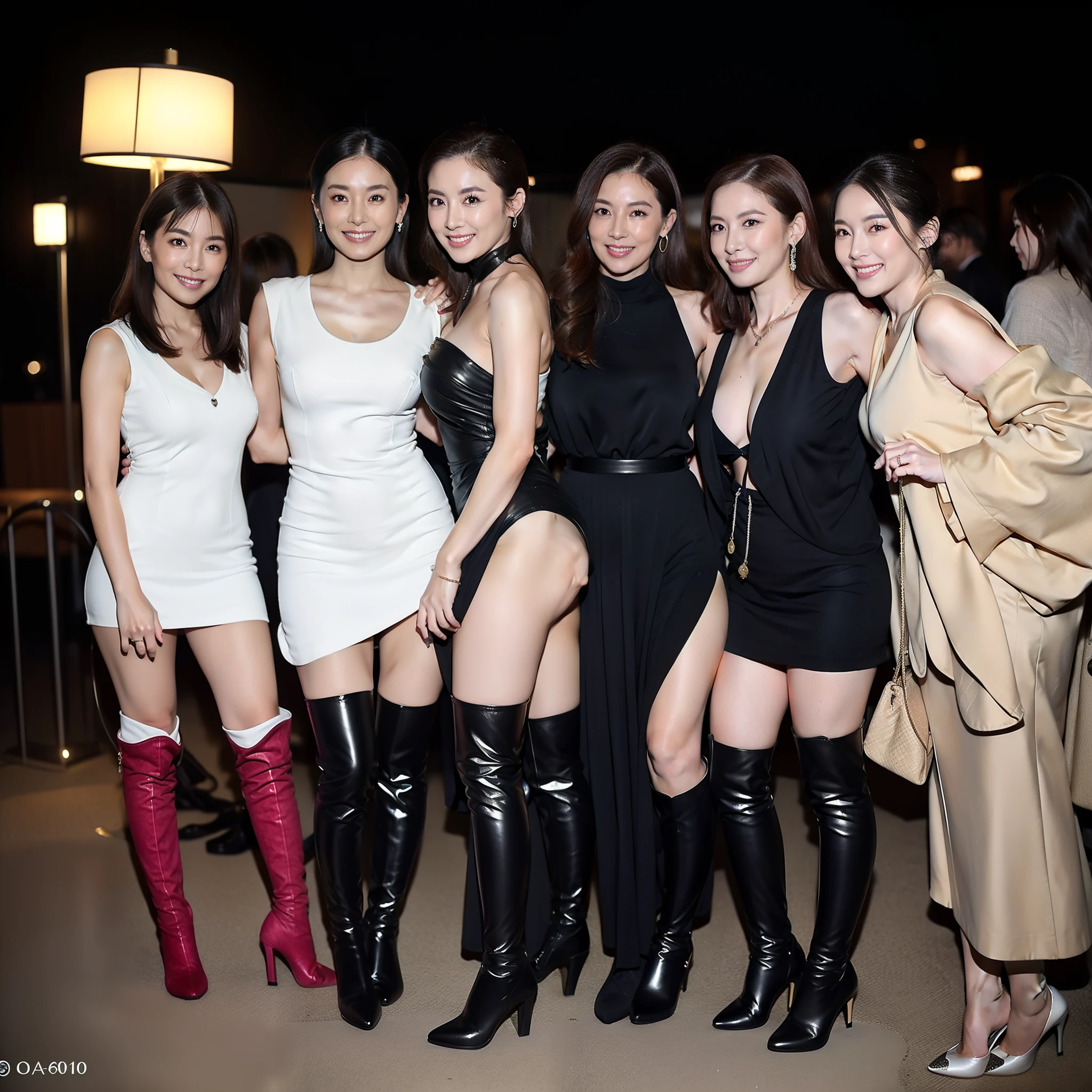 (masterpiece、top-quality)、(realisitic)、(On a hill with a beautiful night view:1.4)、High resolution、Highly detailed、perfect hand、Detailed finger、(Beautiful 60 year old Japan adult woman with nasolabial folds:1.4)、(Colossal breasts:1.4)、beatiful detailed eyes、(Wavy brown hair:1.2)、Superfine Face、looking at the viewers、(Wear knee-high boots with pin heels:1.4)、(Full-body photography from a distance:1.4)、(Facing this way:1.0)、(Tremendously high skimpy sleeveless party dress With long slit:1.4)、provocative smiling