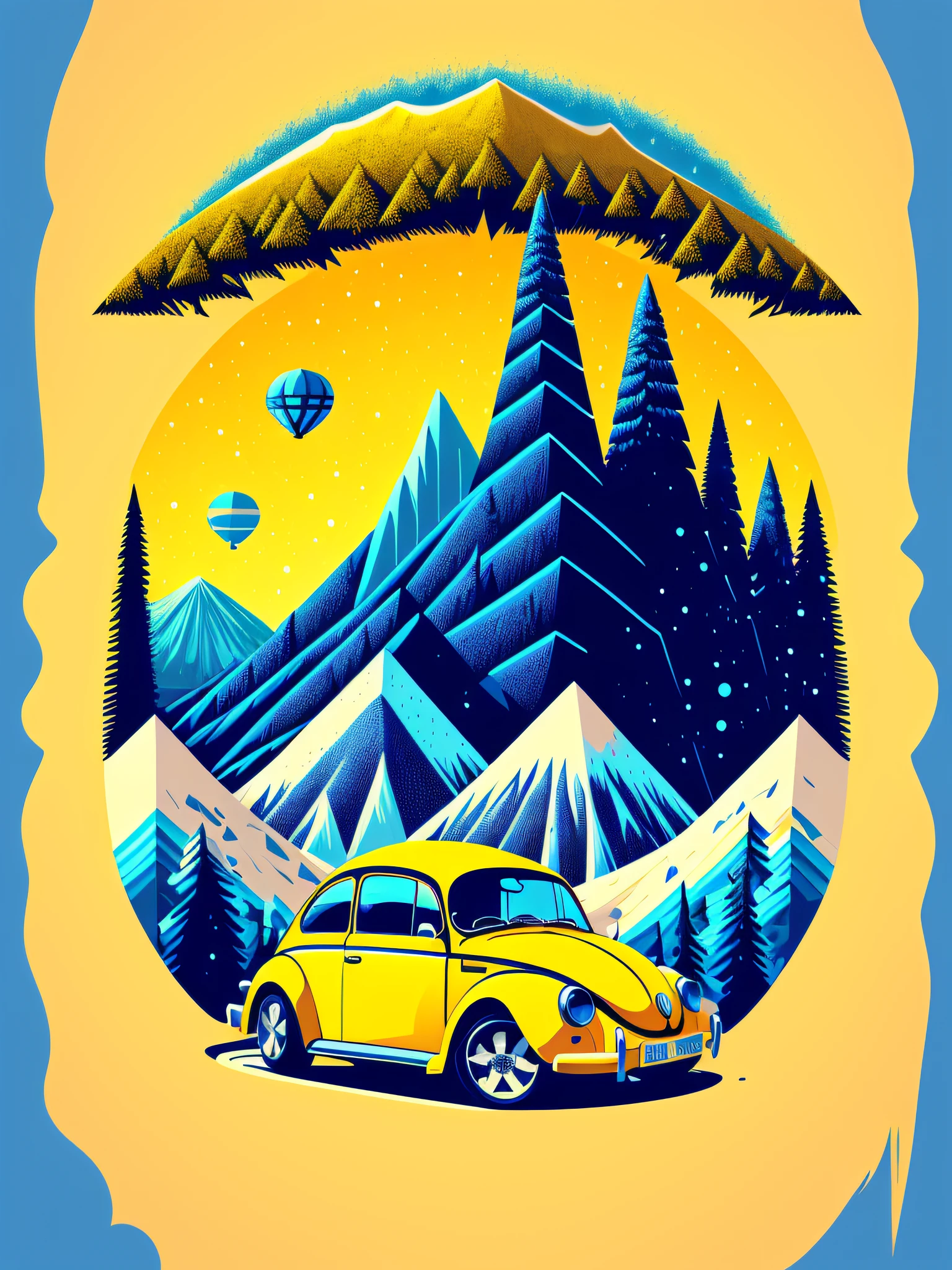 Ready-to-print vector t-shirt art colorful graffiti illustration of a yellow Volkswagen Beetle, volcanic mountains, tall trees, northern winter, blue sky
