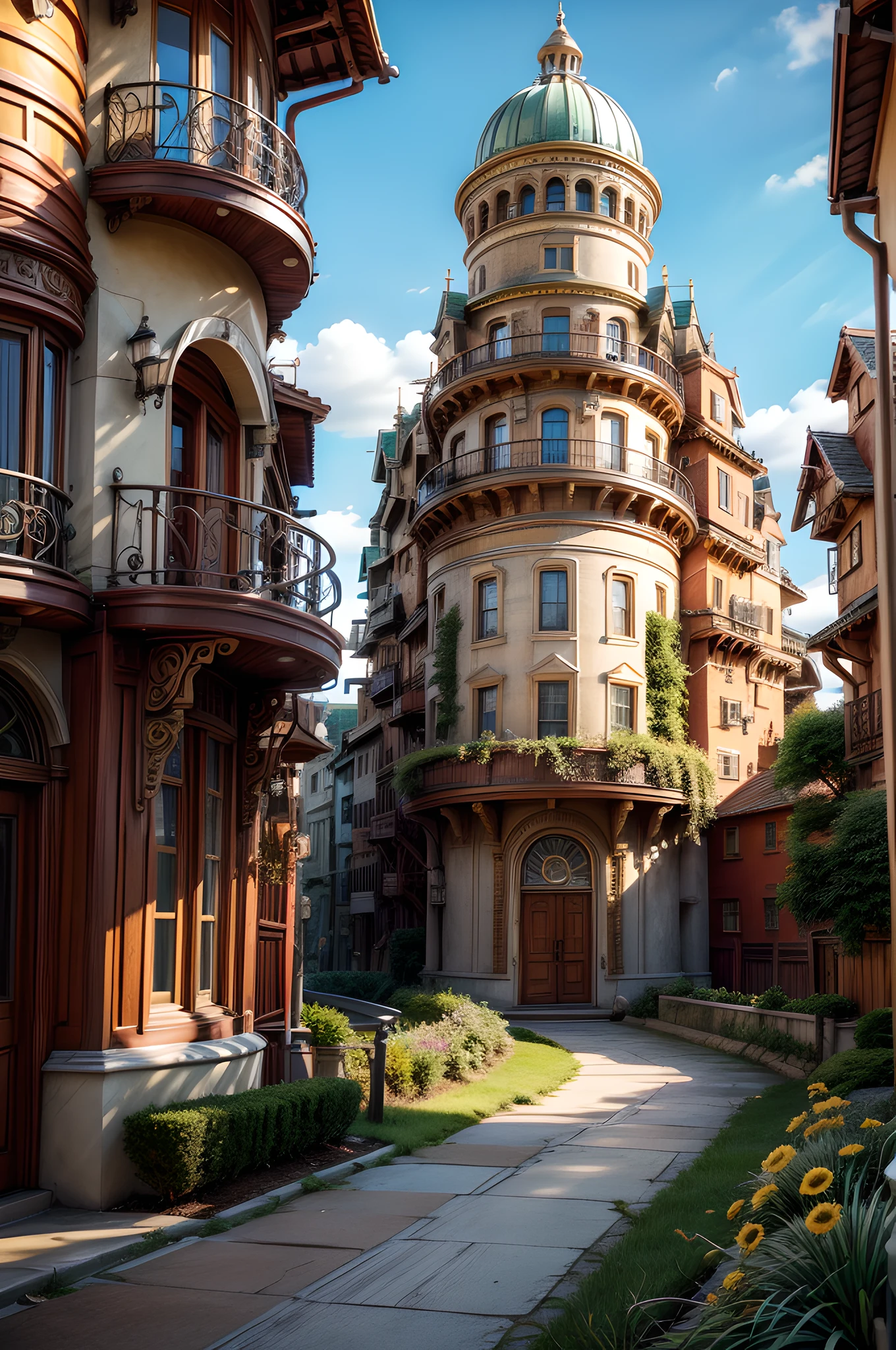 steampunk style, (ultra high res,photo-realistic,best quality,photo-realistic),(8k,raw photo,best quality,masterpiece),(photon mapping,radiosity,physically-based rendering,automatic white balance),photograph,bridge, building, bush, city, cloud, day, door, fence, field, forest, garden, grass, house, mountain, nature, no humans, outdoors, path, plant, potted plant, yellow flower, road, scenery, sky, skyscraper, traditional media, tree, no people, background only
