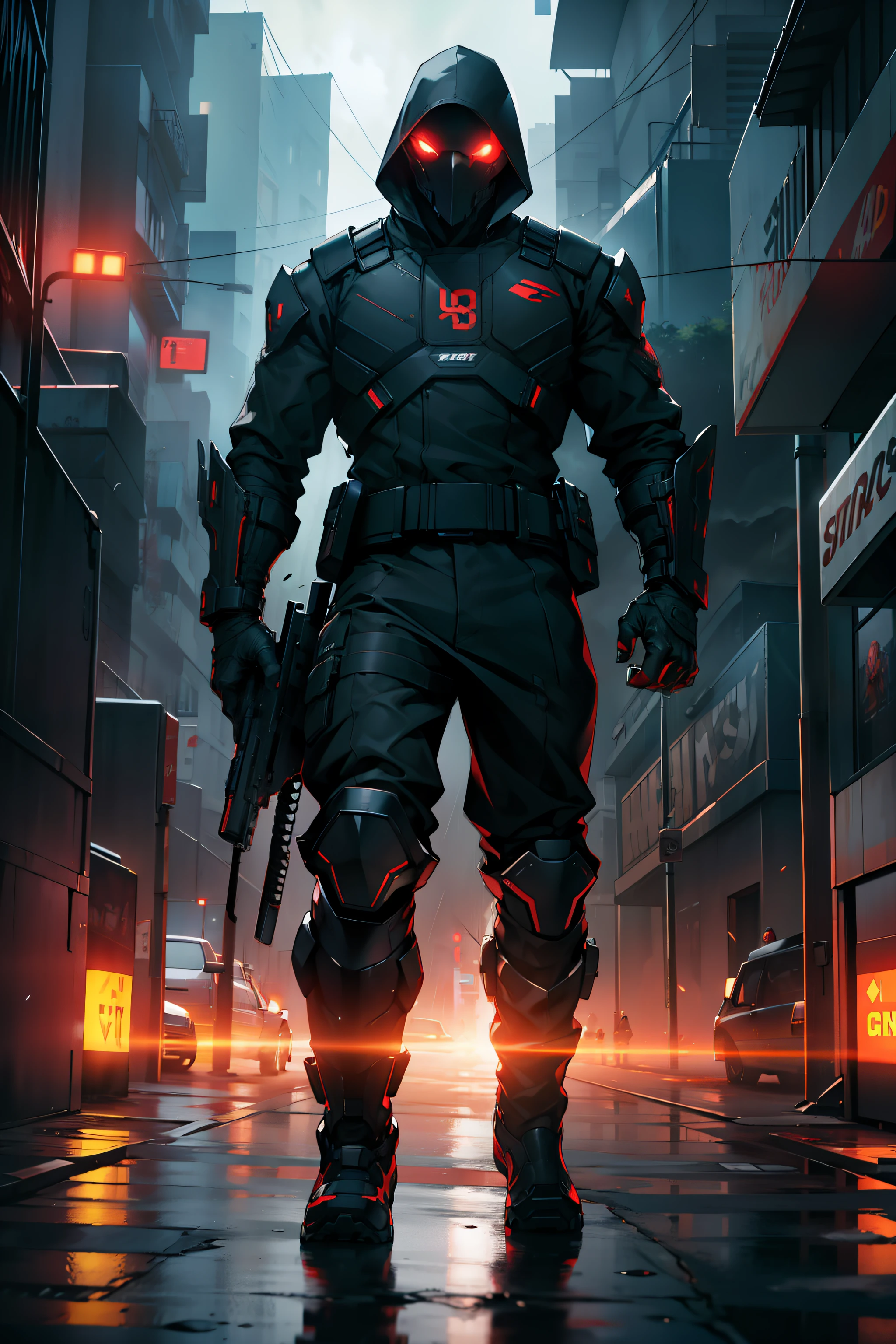 5_androids_rioting_on_the_street_scary_atmospher, Riot shields, intricate pattern, heavy metal, energy lines, faceless, glowing eyes, intense, blood red and black uniform, NEW ERA Poster, modern, city, streets, dynamic poses, dynamic angle, dark clouds, thunderstorm, heavy rain, dramatic lighting, fire, chaos, ultra-detailed, 8k