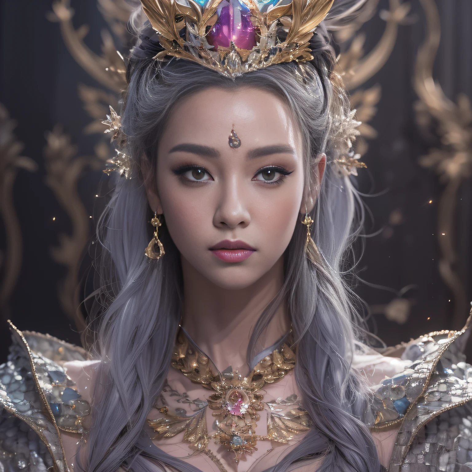 16k(tmasterpiece,k hd,hyper HD,16k)short detailed hair,Gold jewelry area in the back room,King Girl ,Silver Dragon Protector (realisticlying:1.4),Python pattern robe,Purple-pink tiara,Snowflakes fluttering,The background is pure,Hold your head high,Be proud,The nostrils look at people, A high resolution, the detail, RAW photogr, Sharp Re, Nikon D850 Film Stock Photo by Jefferies Lee 4 Kodak Portra 400 Camera F1.6 shots, Rich colors, ultra-realistic vivid textures, Dramatic lighting, Unreal Engine Art Station Trend, cinestir 800,Hold your head high,Be proud,The nostrils look at people