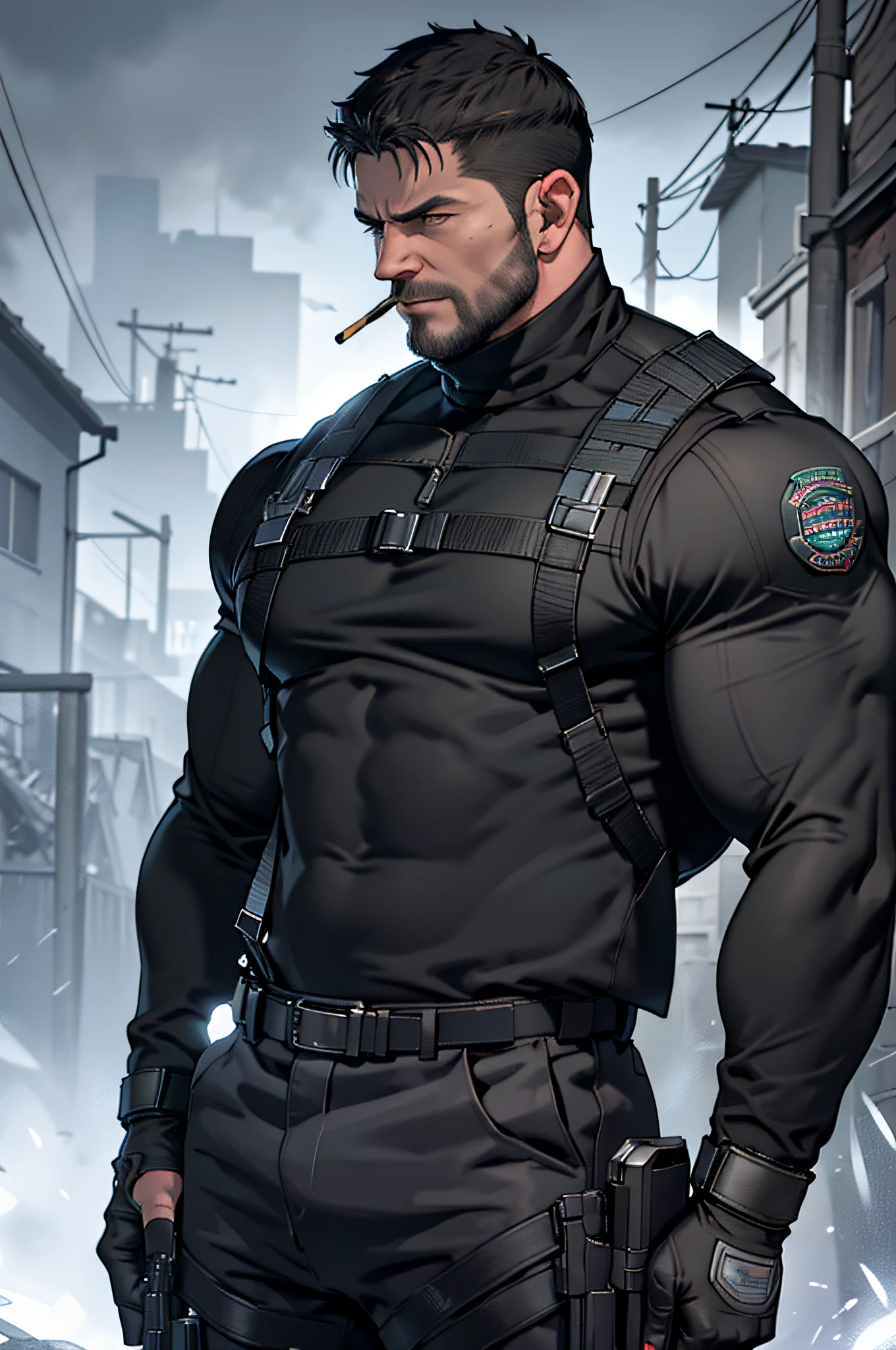 Dark gothic village in the background, old Chris Redfield from Resident Evil 8, 48 year old, muscular male, tall and hunk, biceps, abs, chest,black cold turtleneck, black trousers, suspenders, belt, thick beard, holding a assault rifle, cold face, video games style, high resolution:1.2, best quality, masterpiece, dark nightime, dark atmosphere, soft lighting, upper body shot, cigarette in mouth