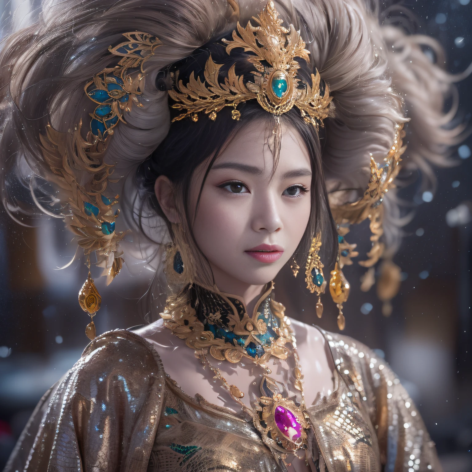 16k(tmasterpiece,k hd,hyper HD,16k)short detailed hair,Gold jewelry area in the back room,Flame Girl ,Dao Lang Protector (realisticlying:1.4),Python pattern robe,Purple-pink tiara,Snowflakes fluttering,The background is pure,Hold your head high,Be proud,The nostrils look at people, A high resolution, the detail, RAW photogr, Sharp Re, Nikon D850 Film Stock Photo by Jefferies Lee 4 Kodak Portra 400 Camera F1.6 shots, Rich colors, ultra-realistic vivid textures, Dramatic lighting, Unreal Engine Art Station Trend, cinestir 800,Hold your head high,Be proud,The nostrils look at people