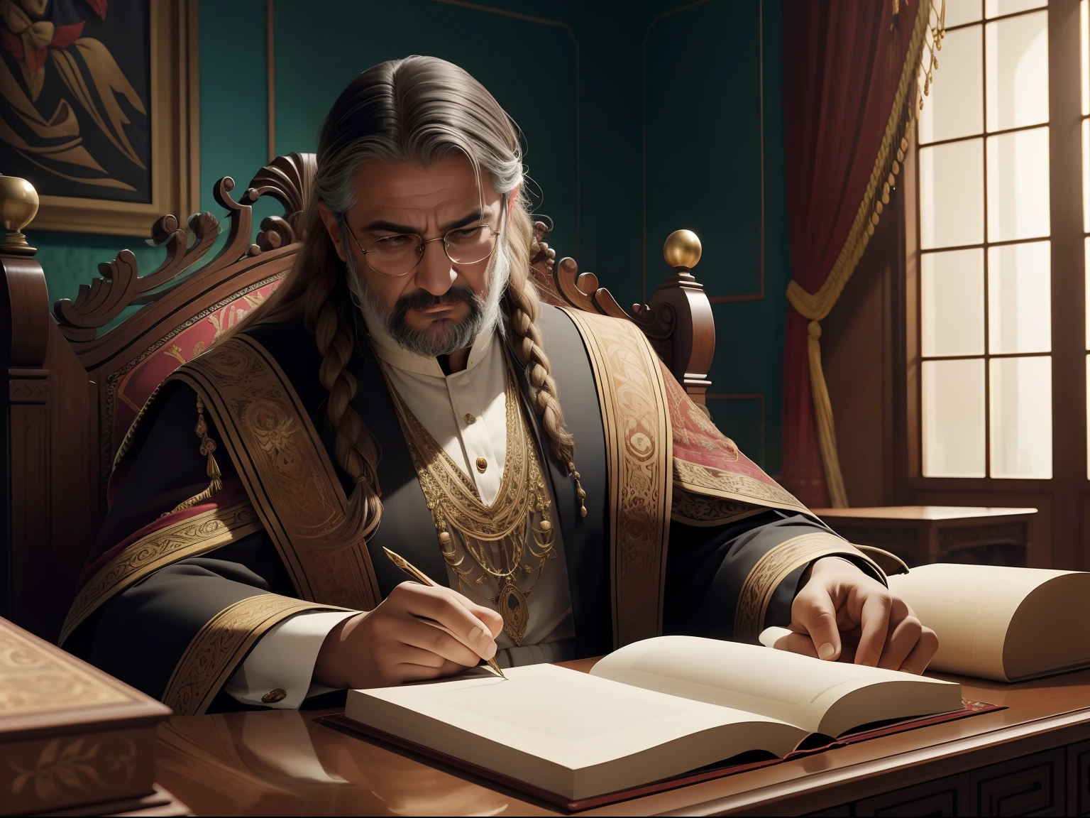 Um aposento grandioso, adorned with richly embroidered tapestries and imposing furniture. O diretor, uma figura de autoridade e sabedoria, makes important decisions and guides the future of students of magic.