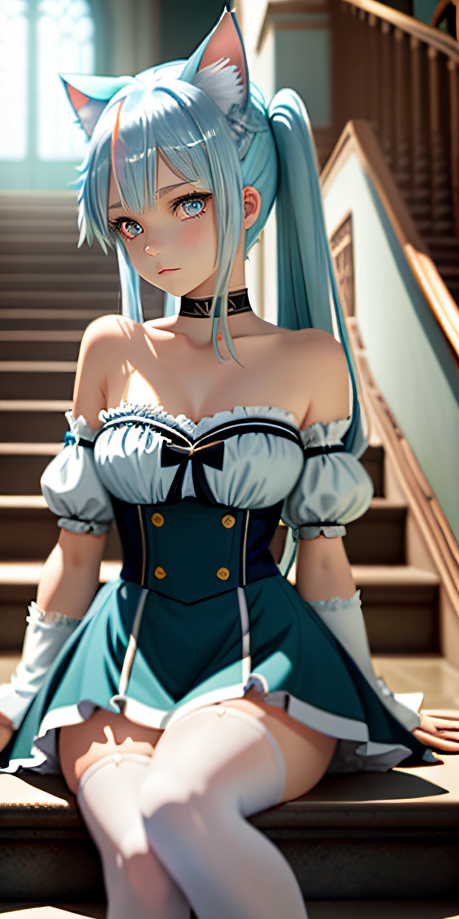 Animal ears, Cat ears, Gradient eyes, aqua eyes, crescent hair ornament, Striped hair, Light blue hair, Gradient hair, hair over shoulders, white stockings, sit on stairs, anime big breast, romanticism lain, back lit lighting, Ray tracing, god light, hyper HD, retinas, A high resolution, 4K, Best Premium Pink Hair