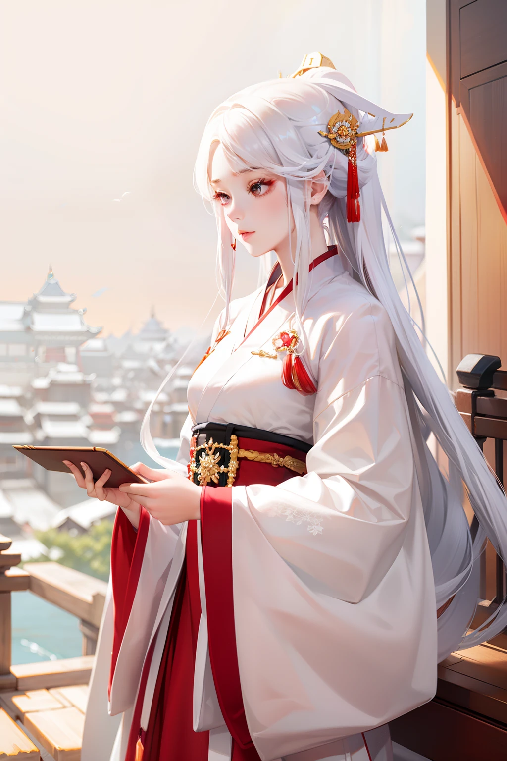 Beautiful girl with white hair，red color Hanfu，long whitr hair，fenghuang