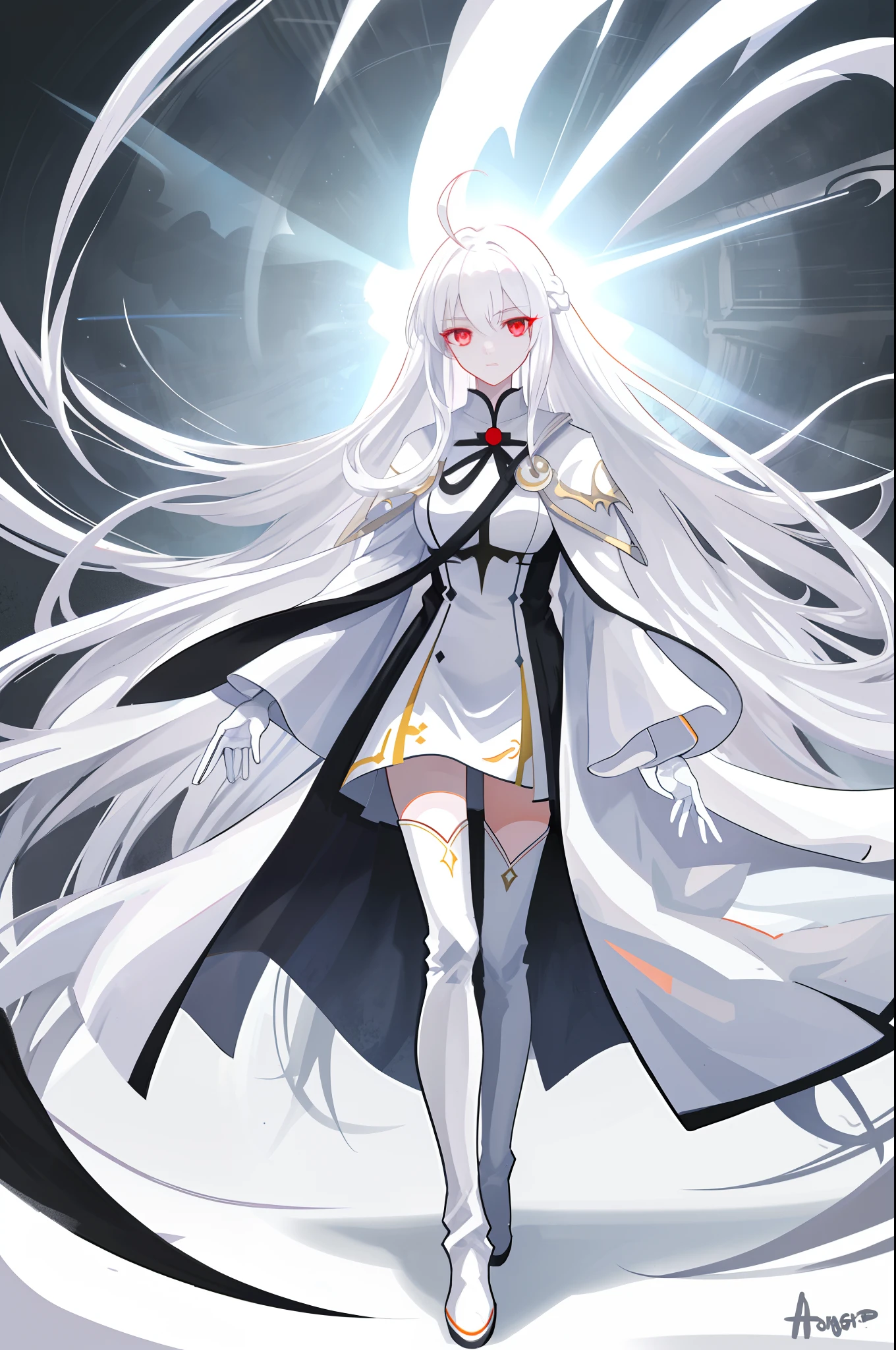 long white robe, White color hair, (White gloves), ((white long boots)), white backgrounid, White hair, ahoge, Long hair, hair between eye, Shiny hair, hair splayed out,red color eyes,Light smile, High detail, anime big breast, Minimalism, Anime style, Verism, Chiaroscuro, Depth of field, Cinematic lighting, Ray tracing, shadowing, Vignetting, hyper HD, Masterpiece, ccurate, Anatomically correct, Textured skin, Super detail, High details, High quality, Award-Awarded, Best quality, A high resolution, 16k,Full body like,Standing painting,correct hand