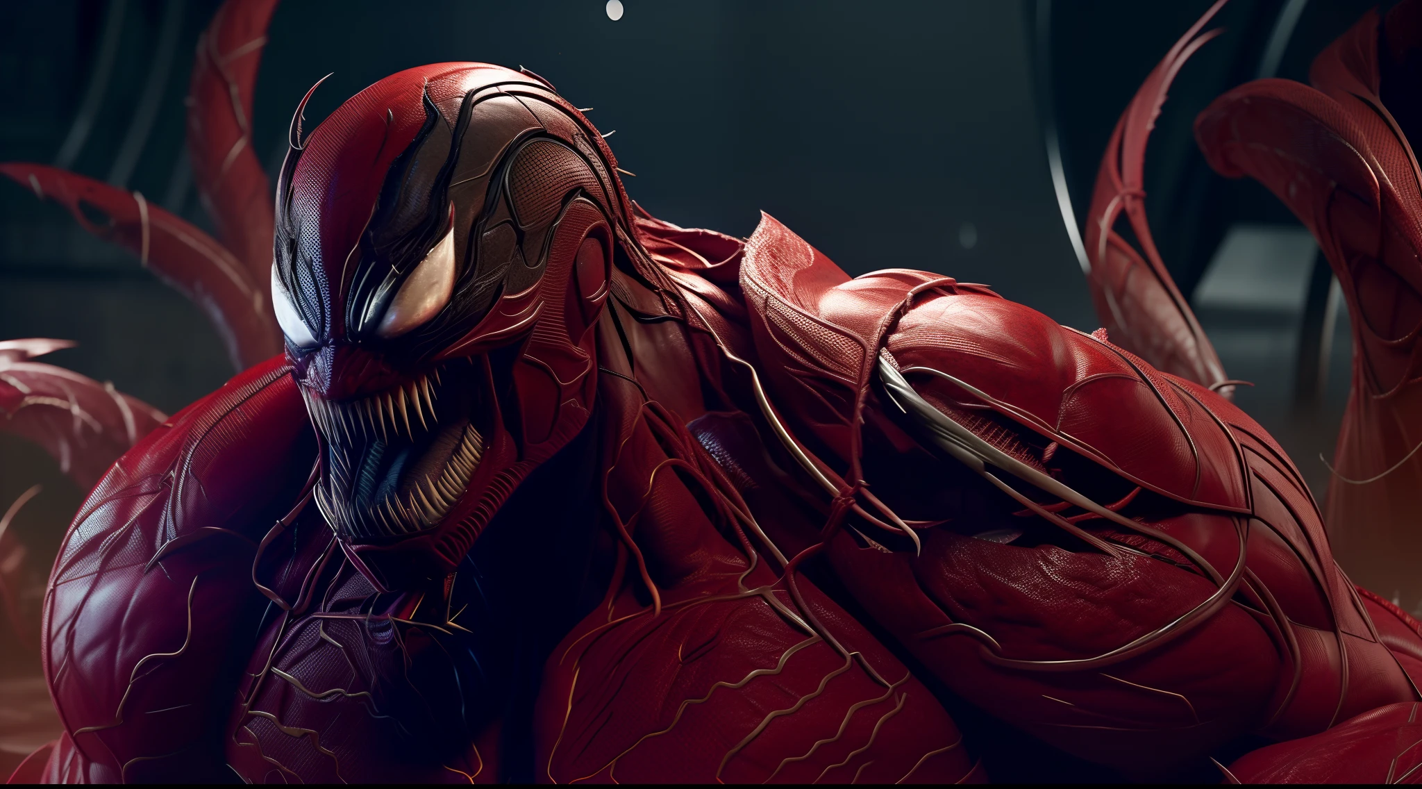 Carnage (Marvel), standard body, rough black skin, sharp teeth, evil smile, beautiful, cool, intricate details, sci-fi, 8K.