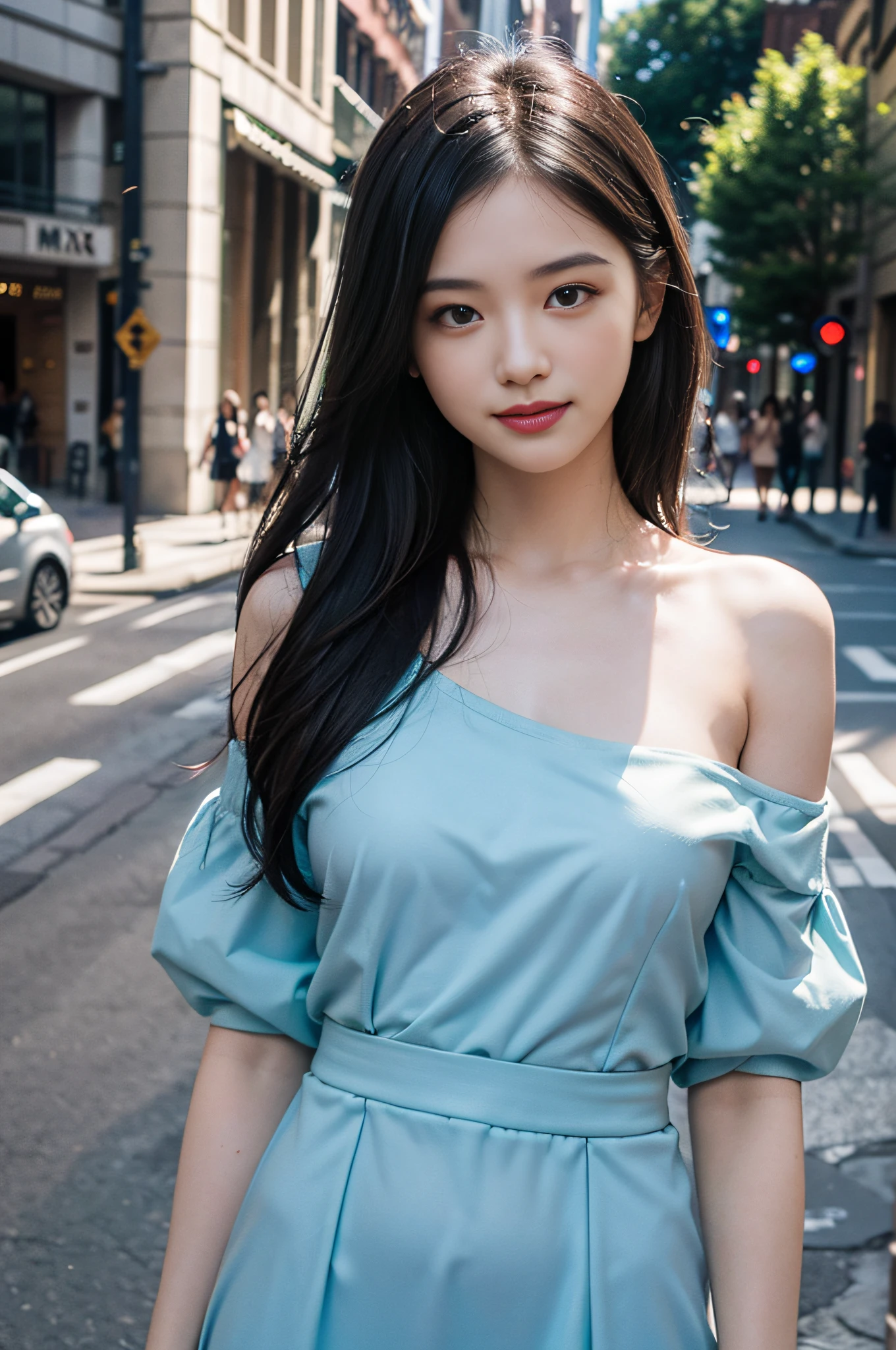 ((Raw Photo, Masterpiece, (((majicMix realistic_v6))), Best Quality, 16 K: 1.2)),((Best quality, 8k, Masterpiece :1.3)), 1girl, smiling, full body, slim face, Pretty woman, (Dark brown hair), (One Shoulder Dress :1.1), Ultra-detailed face, Detailed eyes, Double eyelid, blur background, slim face, city, outside, street,