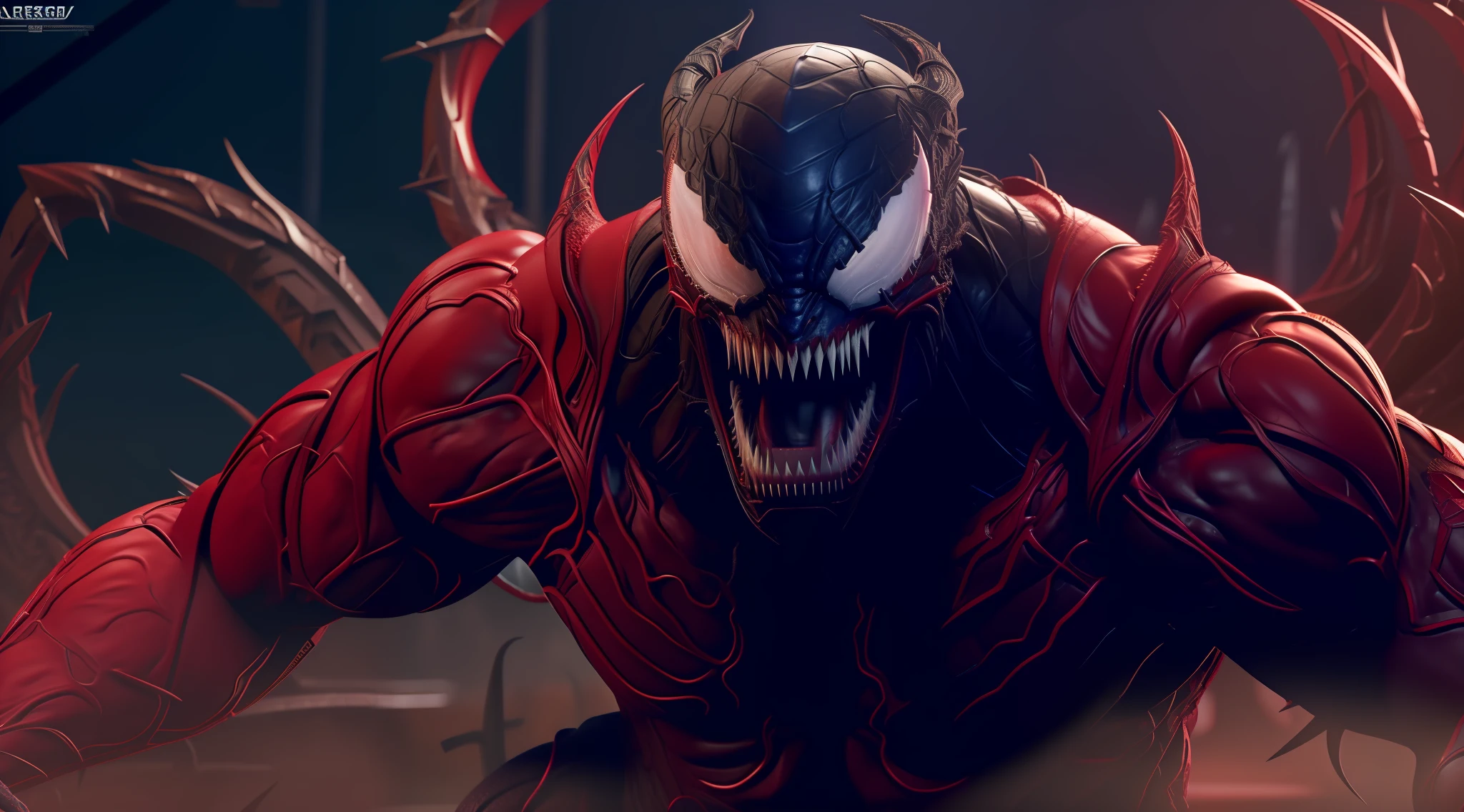 Carnage (Marvel), standard body, rough black skin, sharp teeth, evil smile, beautiful, cool, intricate details, sci-fi, 8K.