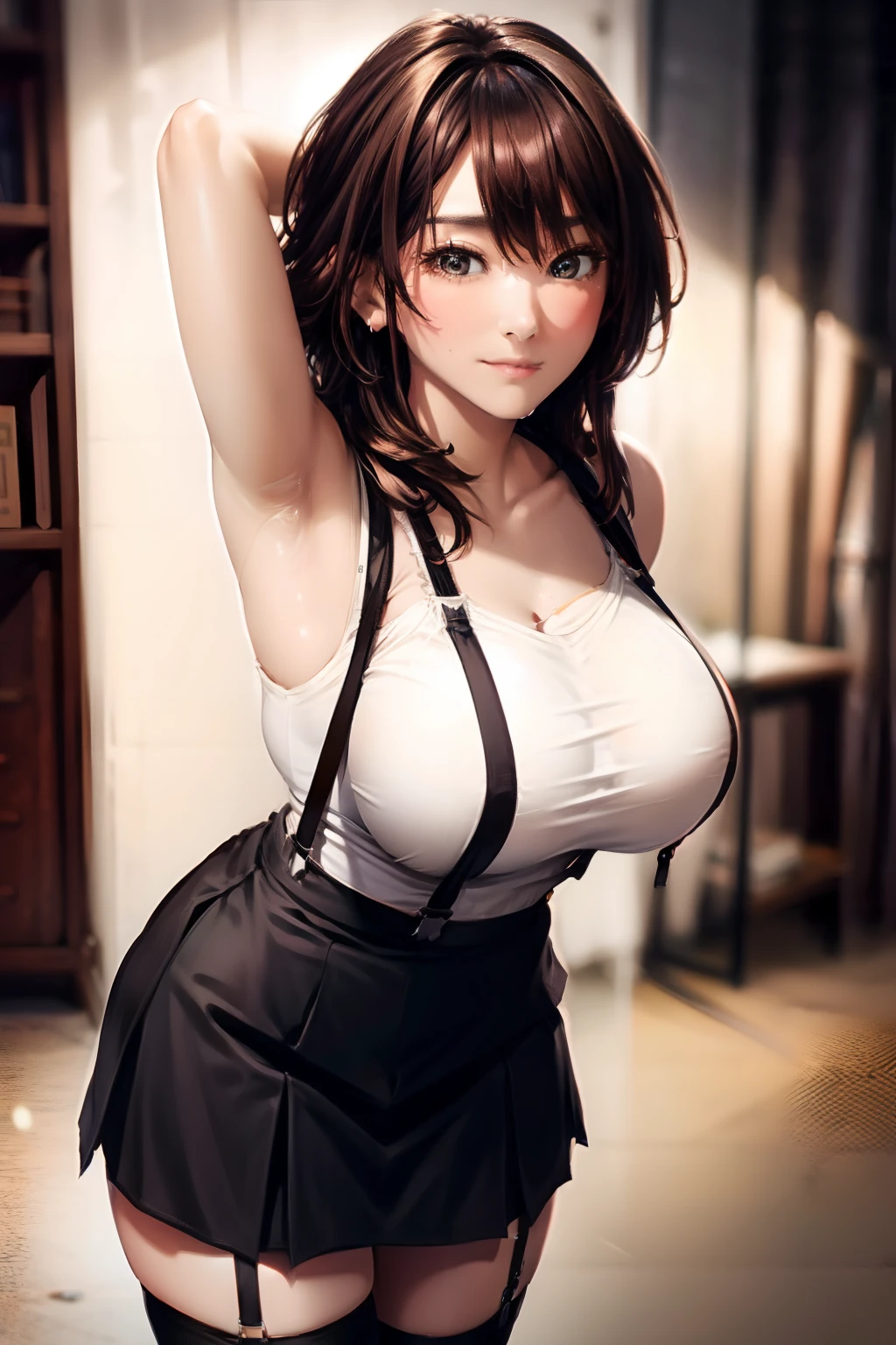 Colossal tits　　　suspenders　　Garter belt on the thigh　　　　　Black tank top　Armpit sweat　skirt by the　Brown hair　　　　hason　　Fold your hands behind your back
