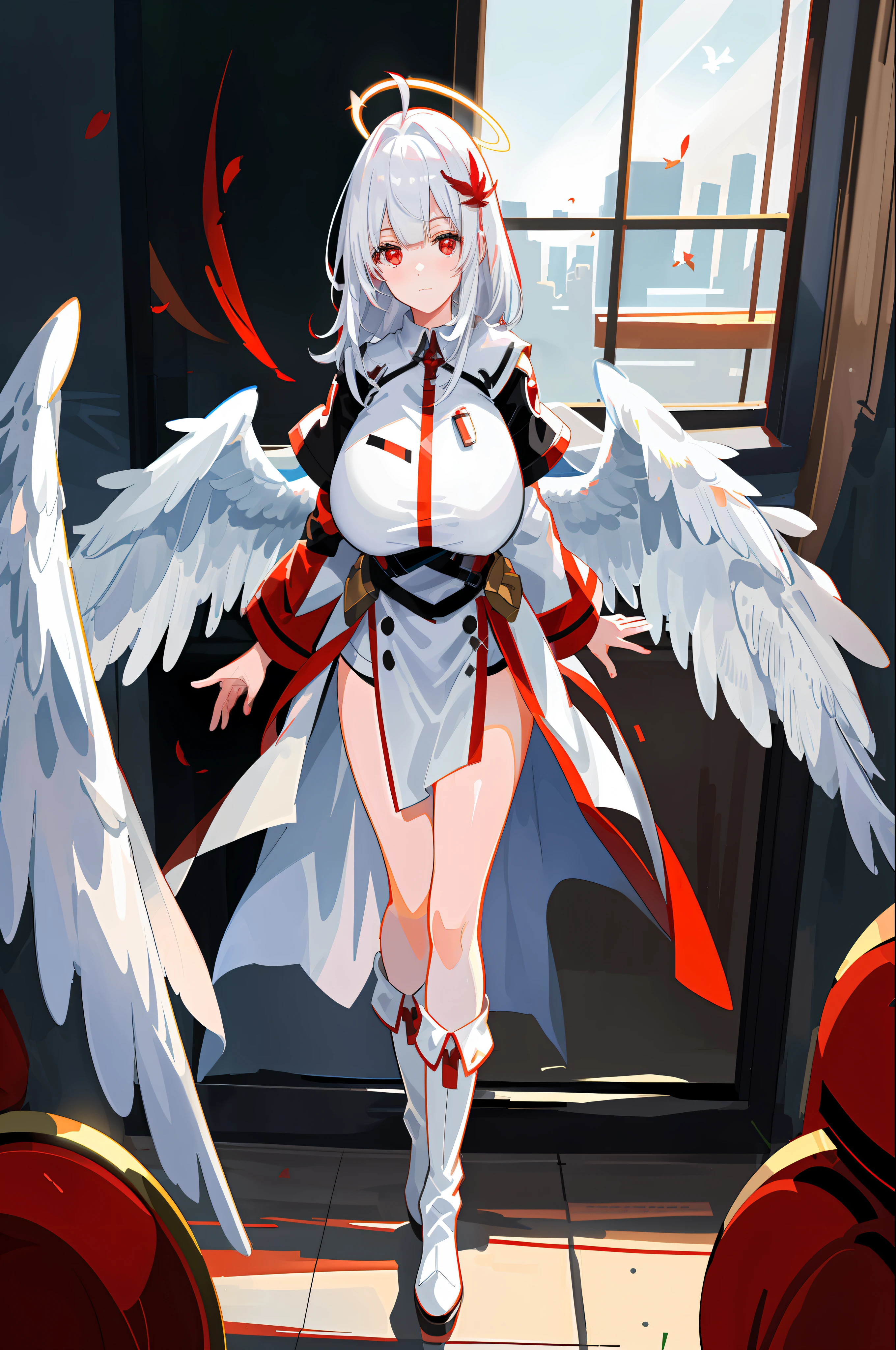 ((Red feather ornaments)), ((((Huge white wings)))), White cloak, White boots, (frontage), Under the sunlight, By the window, White hair, bangs, ahoge, Long hair, Halo, Red eyes, Blush, Light smile, anime big breast, shadowing, first person perspective, hyper HD, Award-Awarded, Halo, High detail, Chiaroscuro, Ray tracing, 16k, Masterpiece, High quality, High details, Best quality, Accurate, Anatomically correct, ((((A high resolution))))