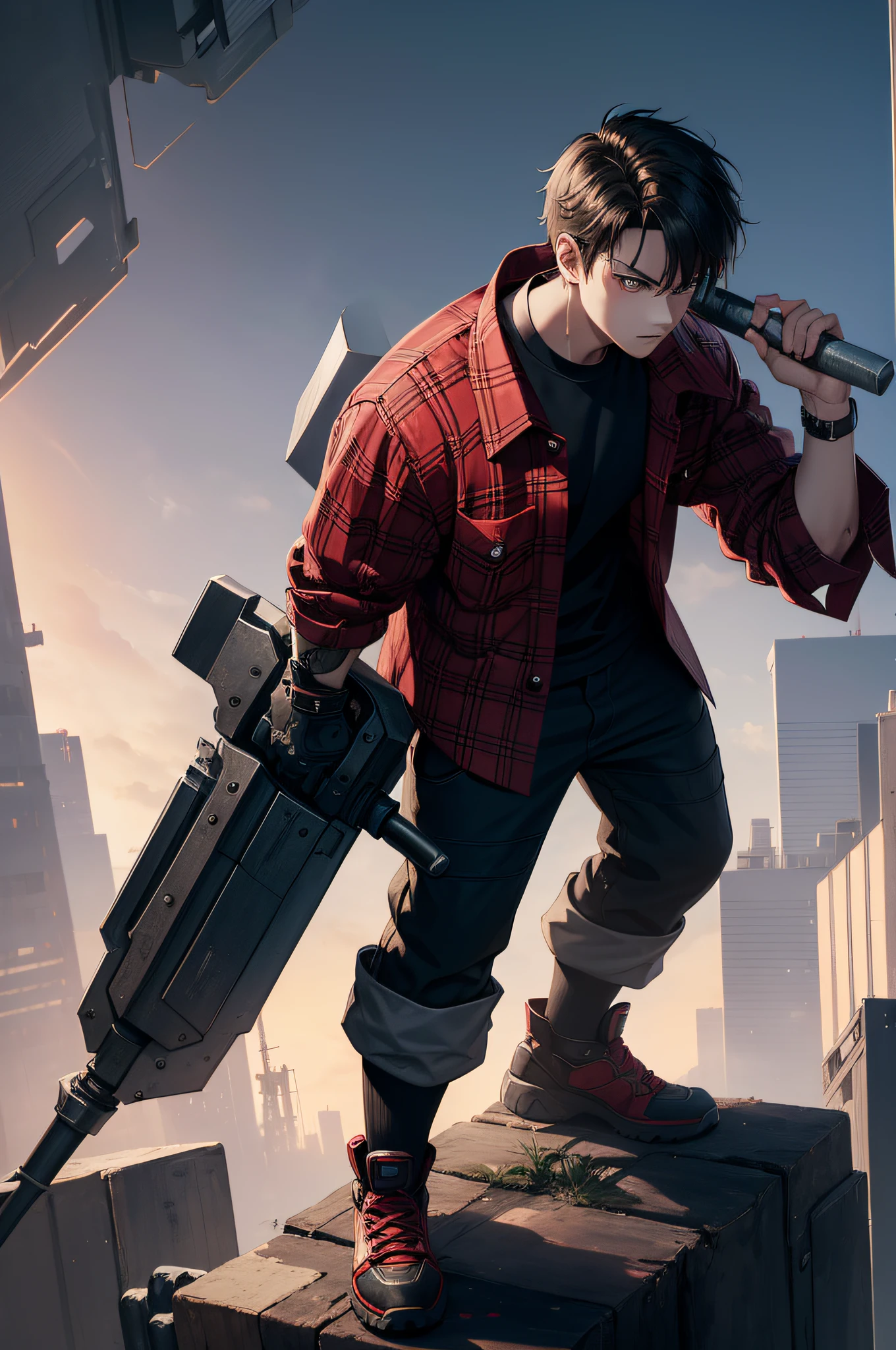 1boy, solo, futuristic, cyberpunk, lumberjack, ((holding big hammers)), ((holding two hammers)), raising hammers, red plaid shirt, anime style, game character, energetic, plain background, anime taste, well drawn, detailed, masterpiece, fine illustration, extremely detailed, 1boy, flat background, full body, standing, detailed face and eyes, transparent_background