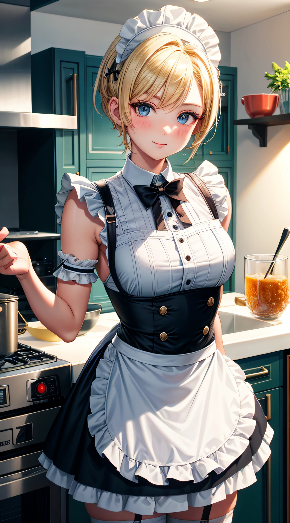 photo of th3r0ck as a playful maid, 1girl, undercut hair, apron, amazing body, pronounced feminine feature, busty, kitchen, blonde medium hair, flirting with camera