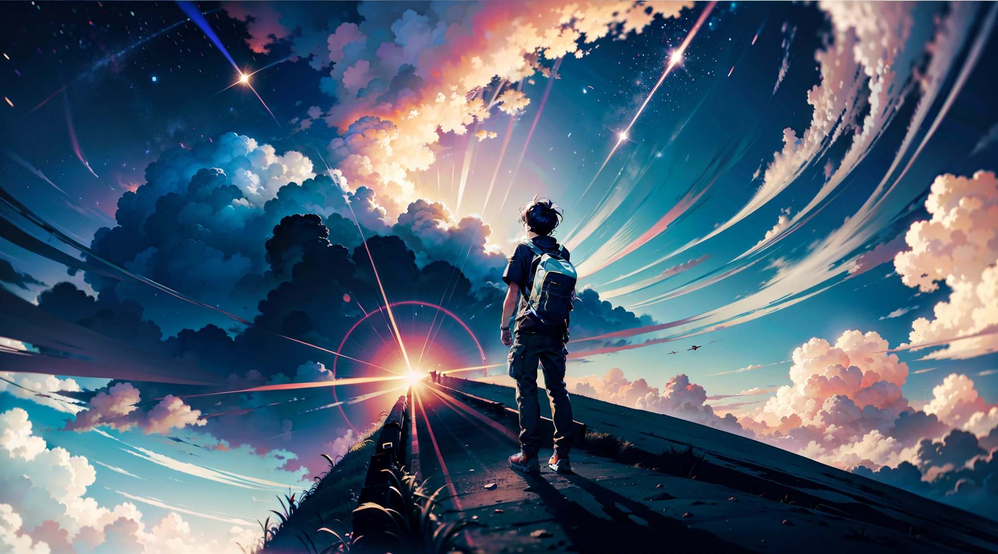 ANIME-STYLE IMAGE OF A BOY ON HIS BACK WITH BACKPACK AND HOOF LOOKING UP AT THE HUGE SKY SEEING THE UNIVERSE WITH GALAXIES, PLANETAS E NEBULOSAS, SMALL BOY AND BIGGER SKY MINUS MOUNTAIN