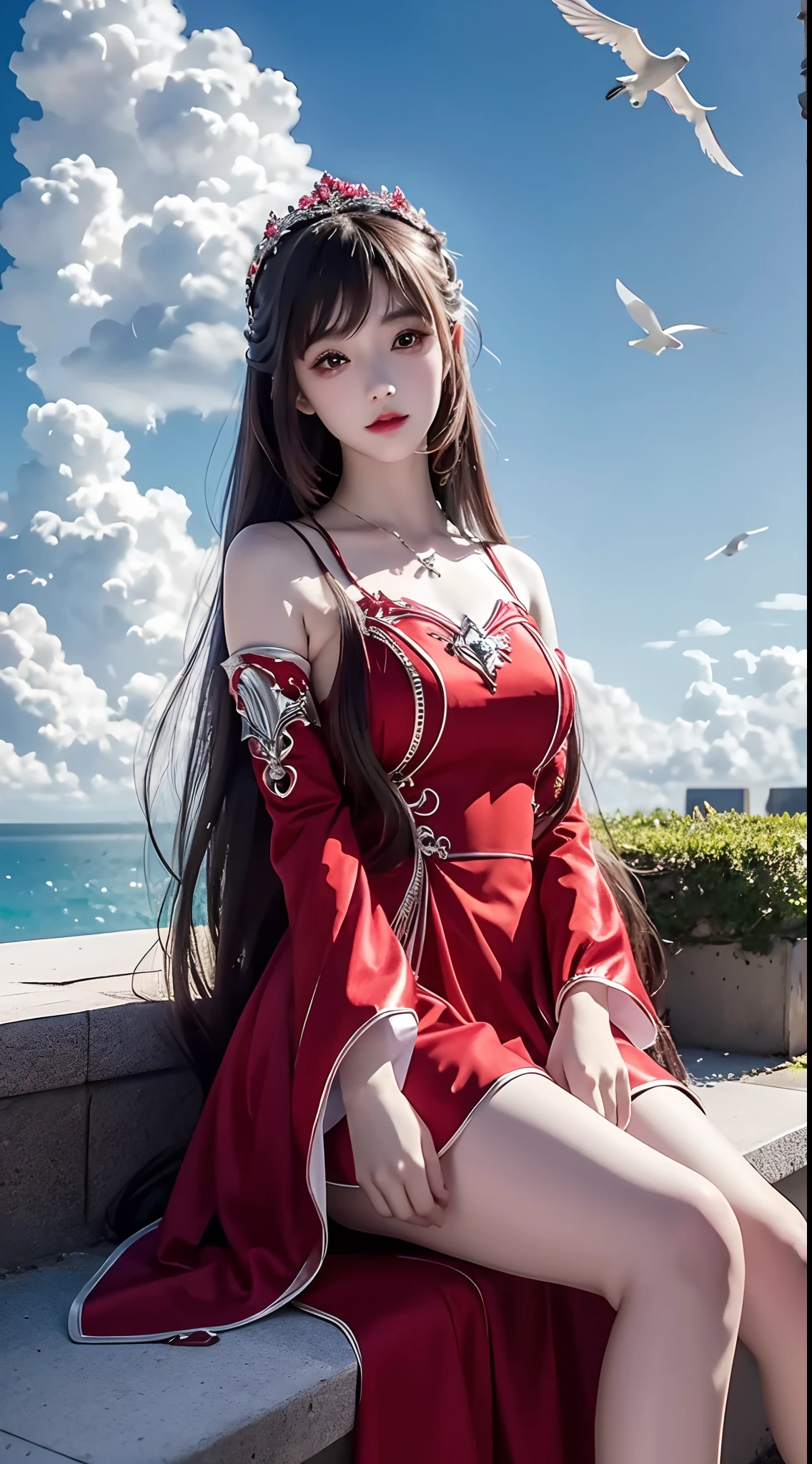 8K Ultra hd, a beautiful cute girl, 18 years old cute girl, detaild eye, smooth skin, fantacy dress, red dress, long hair, detailed lip, medium bust size, hight 5 feet, heaven background, clouds, heaven birds, sitting on clouds, whole body capture,