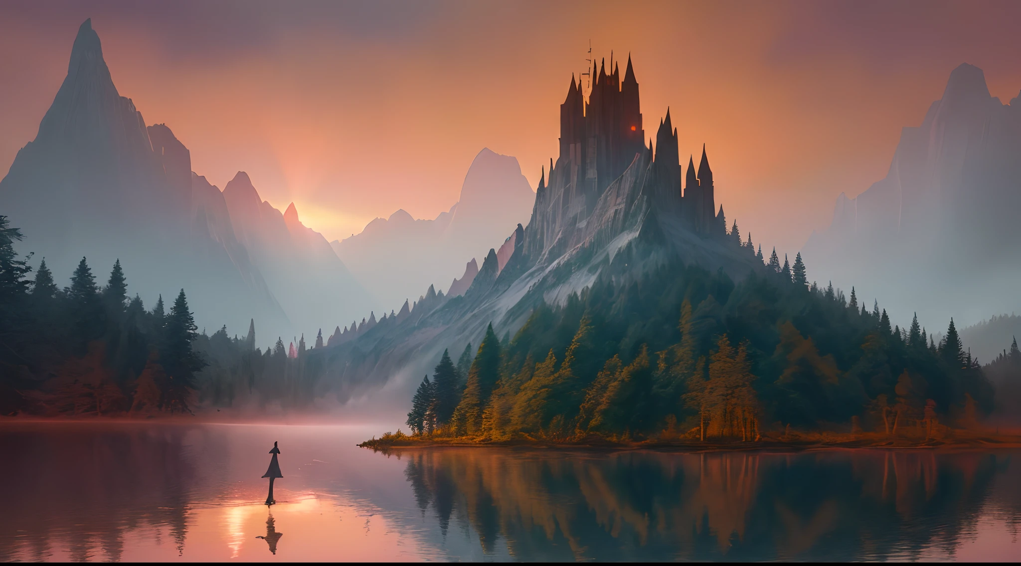 sunsets over tranquil lakes, casting a warm glow across the water's surface, highly detailed fantasy art, magical fantasy forest, detailed fantasy digital art, magical environment, fantasy forest landscape, enchanted magical fantasy forest, 4k highly detailed digital art, fog, 8k, wallpaper, ultrasharp, random colors, vibrant,