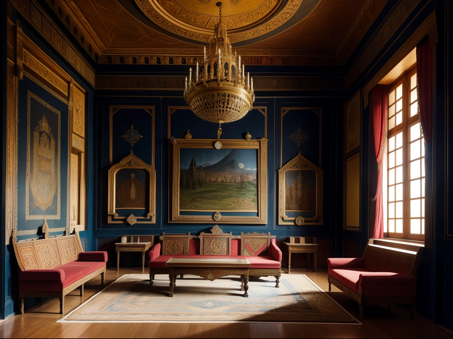 sala do diretor da escola de magia medieval, Um aposento grandioso, adorned with richly embroidered tapestries and imposing furniture.