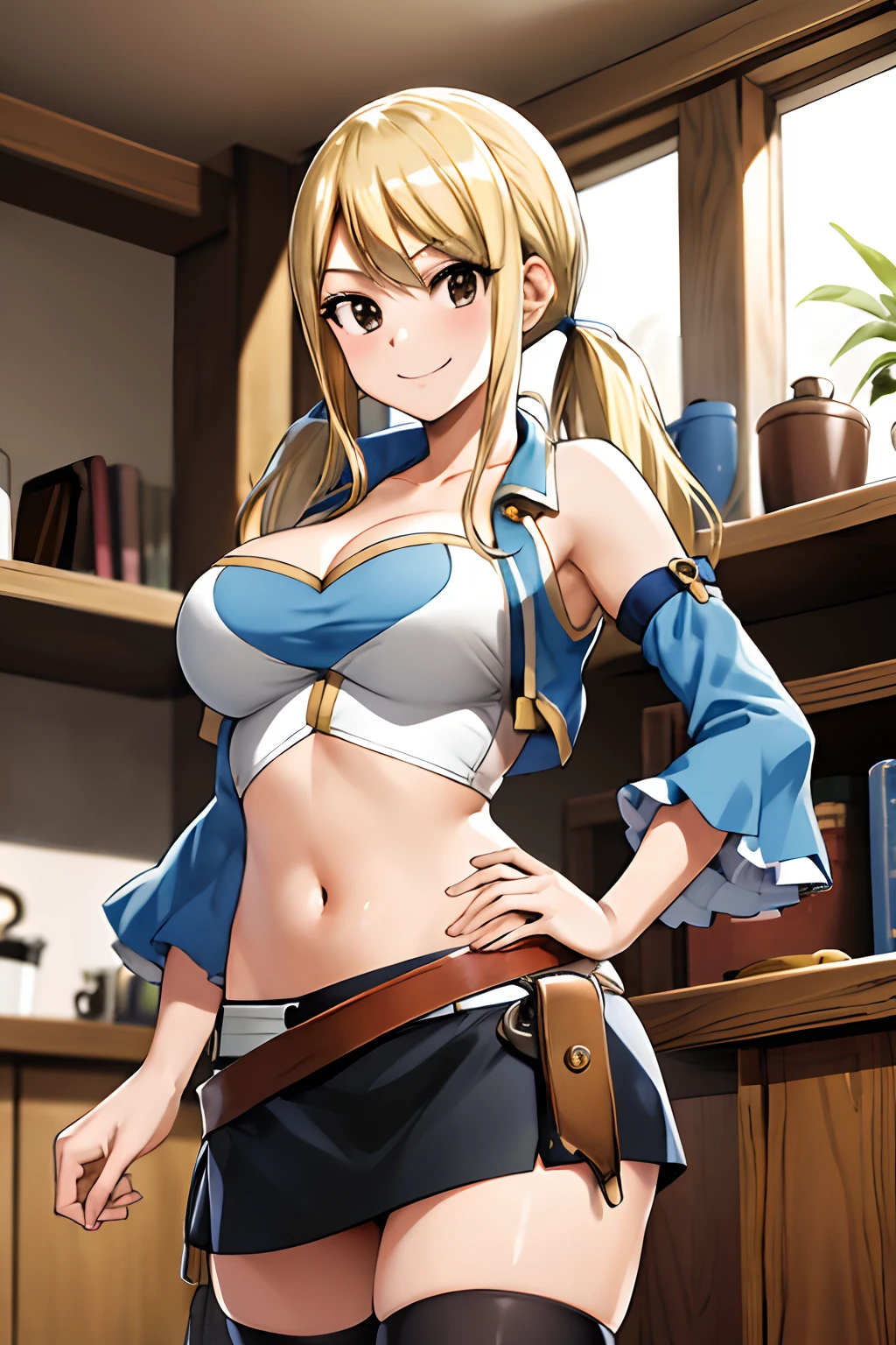 masterpiece, best quality, highres, lucy heartfilia, blonde hair, twintails, large breasts, black thighhighs, detached sleeves, midriff, cropped vest, strapless, belt, black skirt, cowboy shot, indoors, standing, smug smile