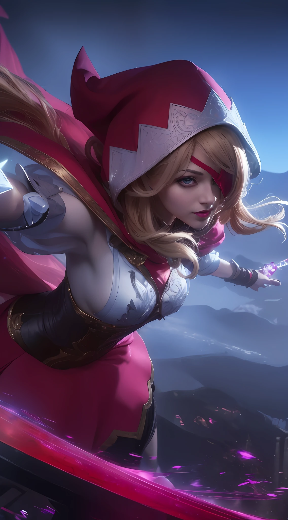 ((Best Quality, 8K, Masterpiece: 1.3)), (Detailed: 1.4), (Large Breasts: 1.3), (Gigantic Breast: 1.3), Reality, 1girl, a woman in a red cape and a red cape flying through the air, ashe, zenra taliyah, fuchsia skin, astri lohne, fuschia skin, iconic character splash art, style artgerm, fuchsia skin below the armor, a woman with blonde hair and Blindfold, Russian Face, Red Skirt, Big eyes, Beauty eyes, Full smile, beauty smile, a woman with red sword, young woman, 8K, HD, Ultra Realistic, extremely detailed, complete body, tfft