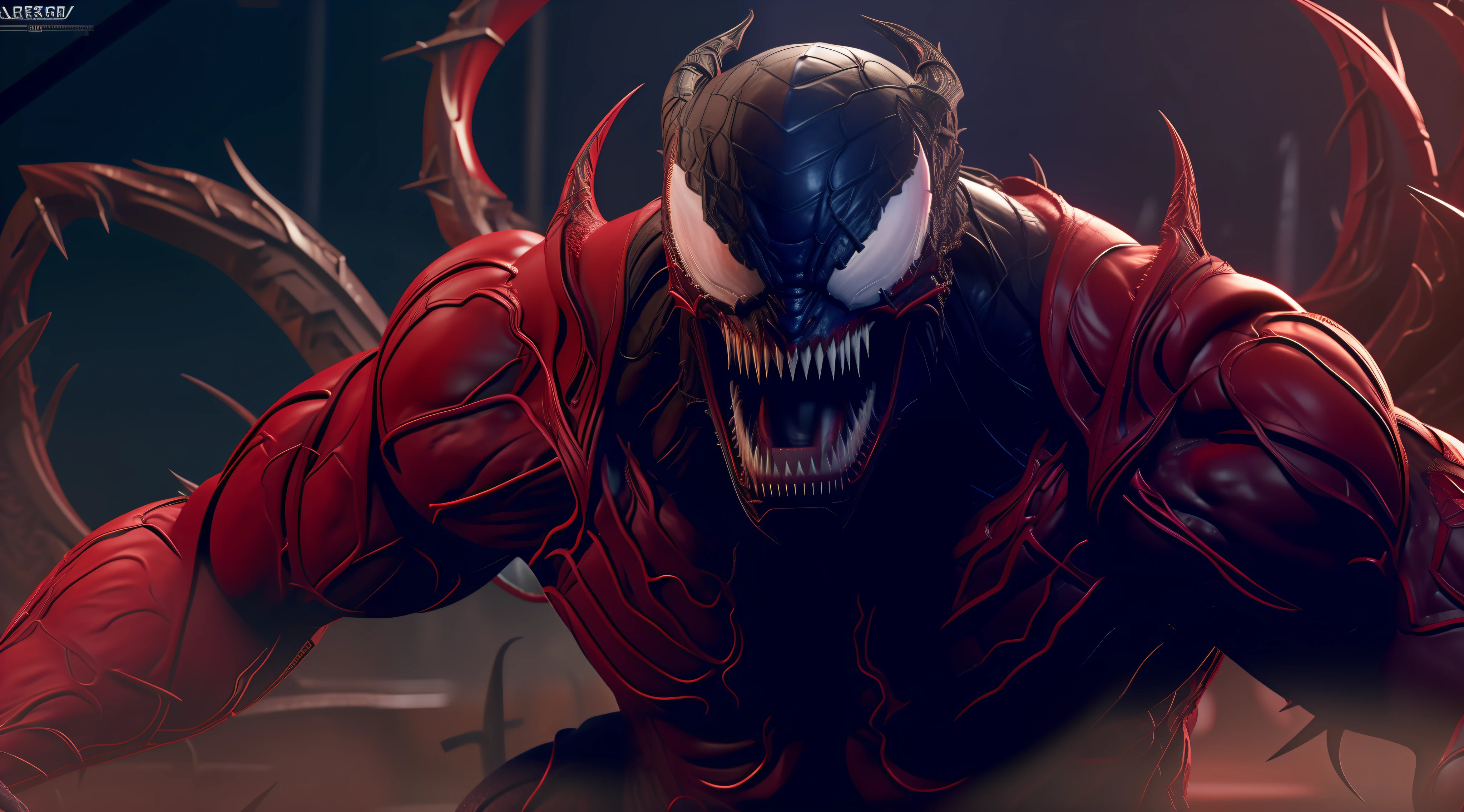 Carnage (Marvel), standard body, rough black skin, sharp teeth, evil smile, beautiful, cool, intricate details, sci-fi, 8K.