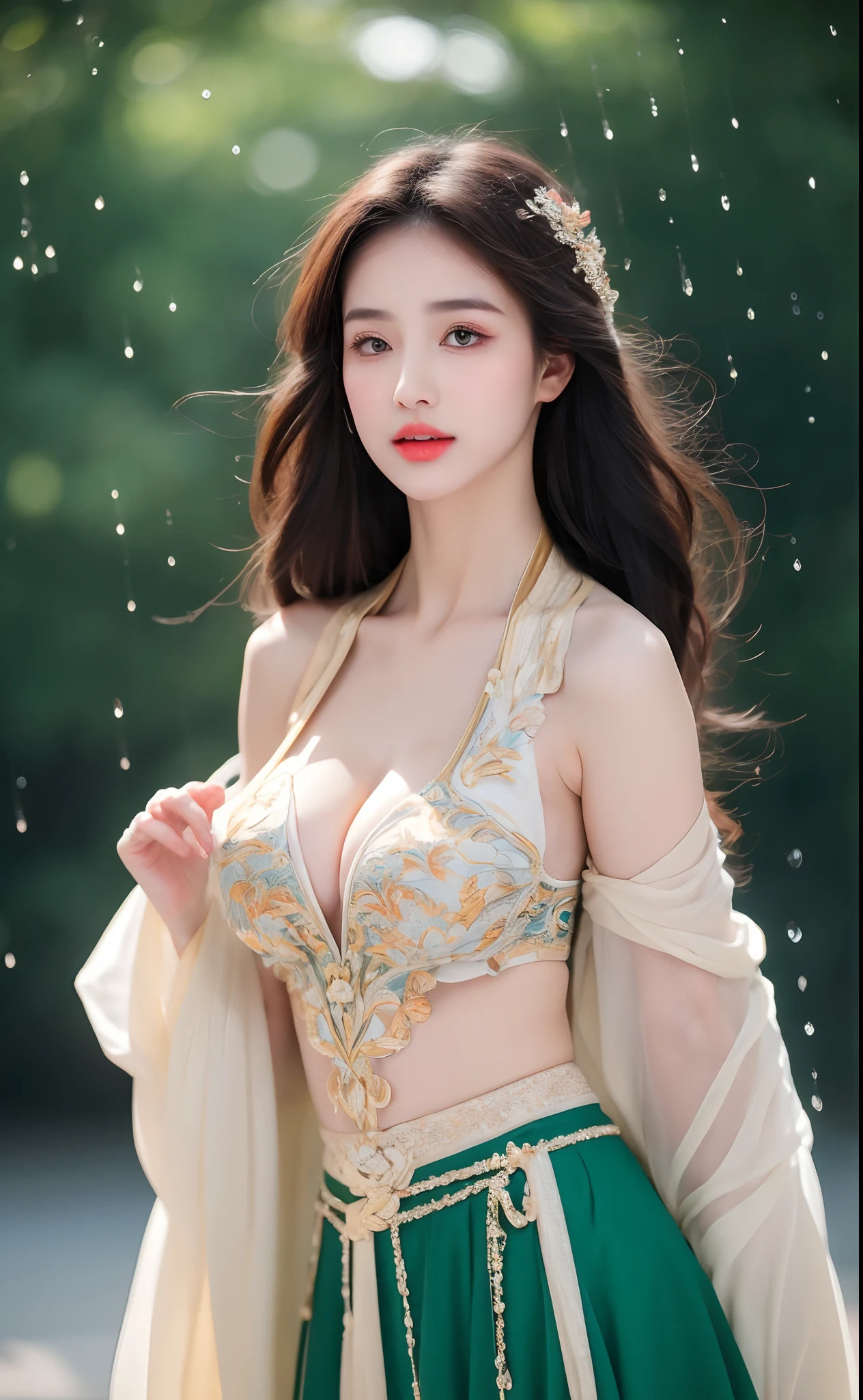 ((Best Quality, 8k, Masterpiece: 1.3)), Focus: 1.2, Perfect Body Beauty: 1.4, Buttocks: 1.2, ((Layered Haircut)), (Wet Clothes: 1.1), (Rain, Street:1.3), (Breasts: 1.2), (Hanfu: 1.2), Bare Shoulders, Bare Legs, Highly Detailed Face and Skin Texture, Fine Eyes, Double Eyelids, Whitened Skin, Long Hair, (Shut Up: 1.5), (Bokeh Background: 1.5), Big Breasts