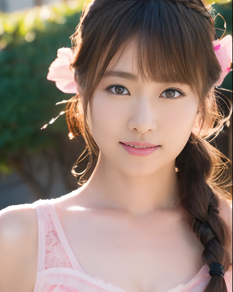 Asian female in 20s, brown eyes, pink lace lingerie, pearl drops, braided hair, huge size. (8K, Best Quality : 1.2), (Masterpiece, Photorealistic : 1.3), Super Detail, anatomically correct
