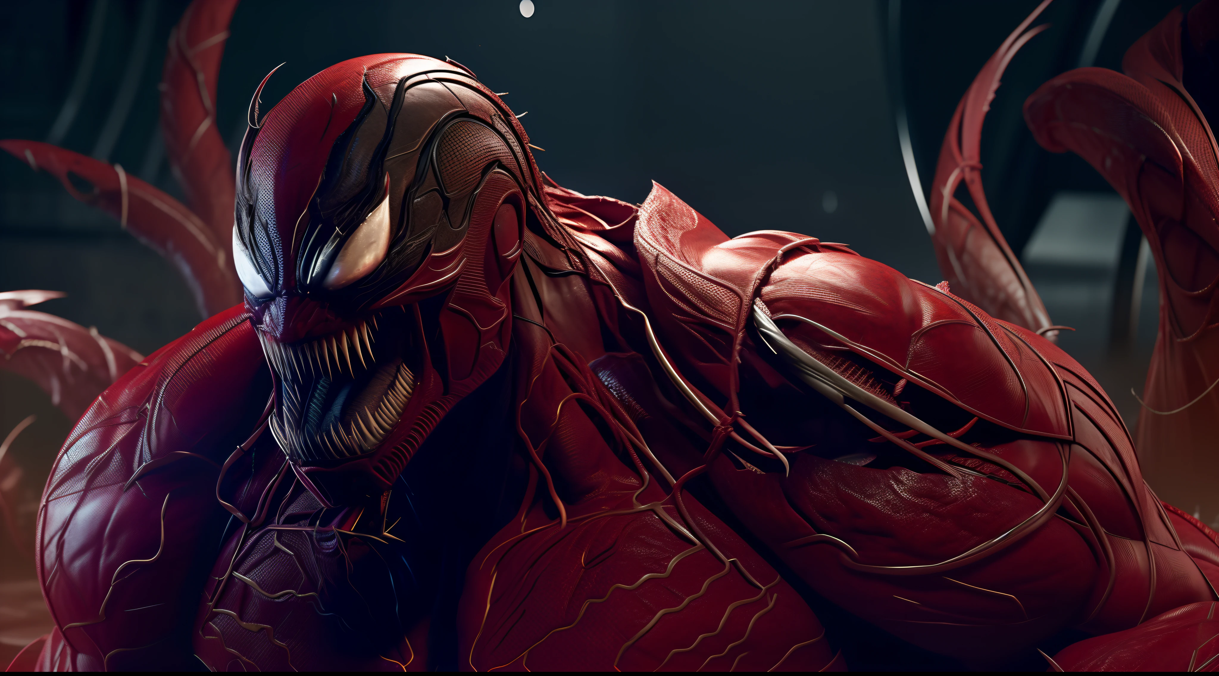 Carnage (Marvel), standard body, rough black skin, sharp teeth, evil smile, beautiful, cool, intricate details, sci-fi, 8K.