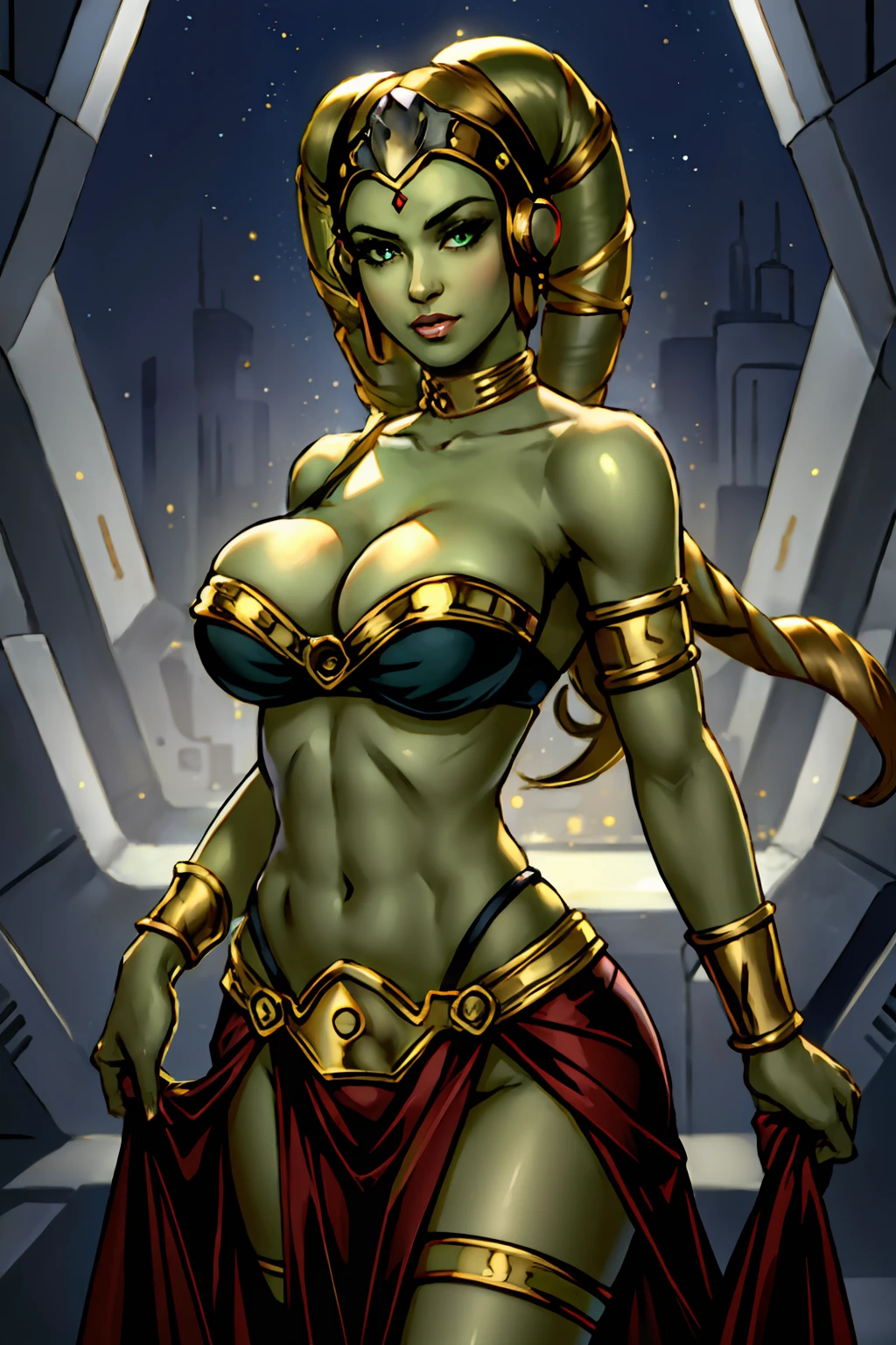 (masterpiece:1.2, best quality:1.2, beautiful, high quality, highres:1.1, aesthetic), detailed, extremely detailed, ambient soft lighting, 4K, perfect eyes, perfect face, perfect lighting, 1girl, (((green skin))), sexy busty Twi'lek, (large breasts, skindentation, cleavage), looking at viewer, gold and black bikini, gold, ornate metal bra, metal lace, gemstones, jewelry, long skirts, armlets, pelvic curtain, Star Wars, lekku stripes, Star Wars,