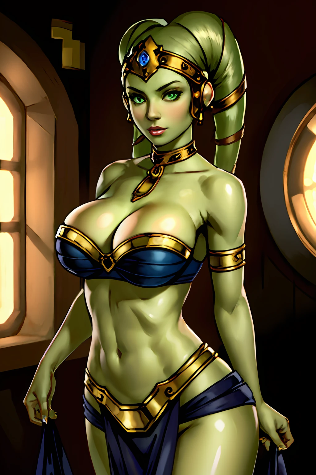 (masterpiece:1.2, best quality:1.2, beautiful, high quality, highres:1.1, aesthetic), detailed, extremely detailed, ambient soft lighting, 4K, perfect eyes, perfect face, perfect lighting, 1girl, (((green skin))), sexy busty Twi'lek, (large breasts, skindentation, cleavage), looking at viewer, gold and black bikini, gold, ornate metal bra, metal lace, gemstones, jewelry, long skirts, armlets, pelvic curtain, Star Wars, lekku stripes, Star Wars,