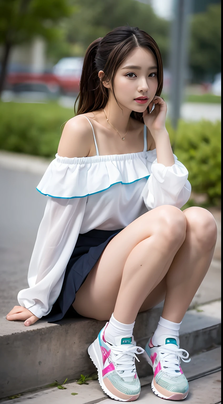 ((Best picture quality, 8K, tmasterpiece:1.3)), 1girll, Casual hairstyle, （off-shoulder blouse，Short pleated skirt：1.3）,（wet see through clothes：1.4），Ultra-fine face, A detailed eye, 二重まぶた，（long leges：1.4），（athletic sneakers：1.3）Erlang legs，Sit sideways on a high platform