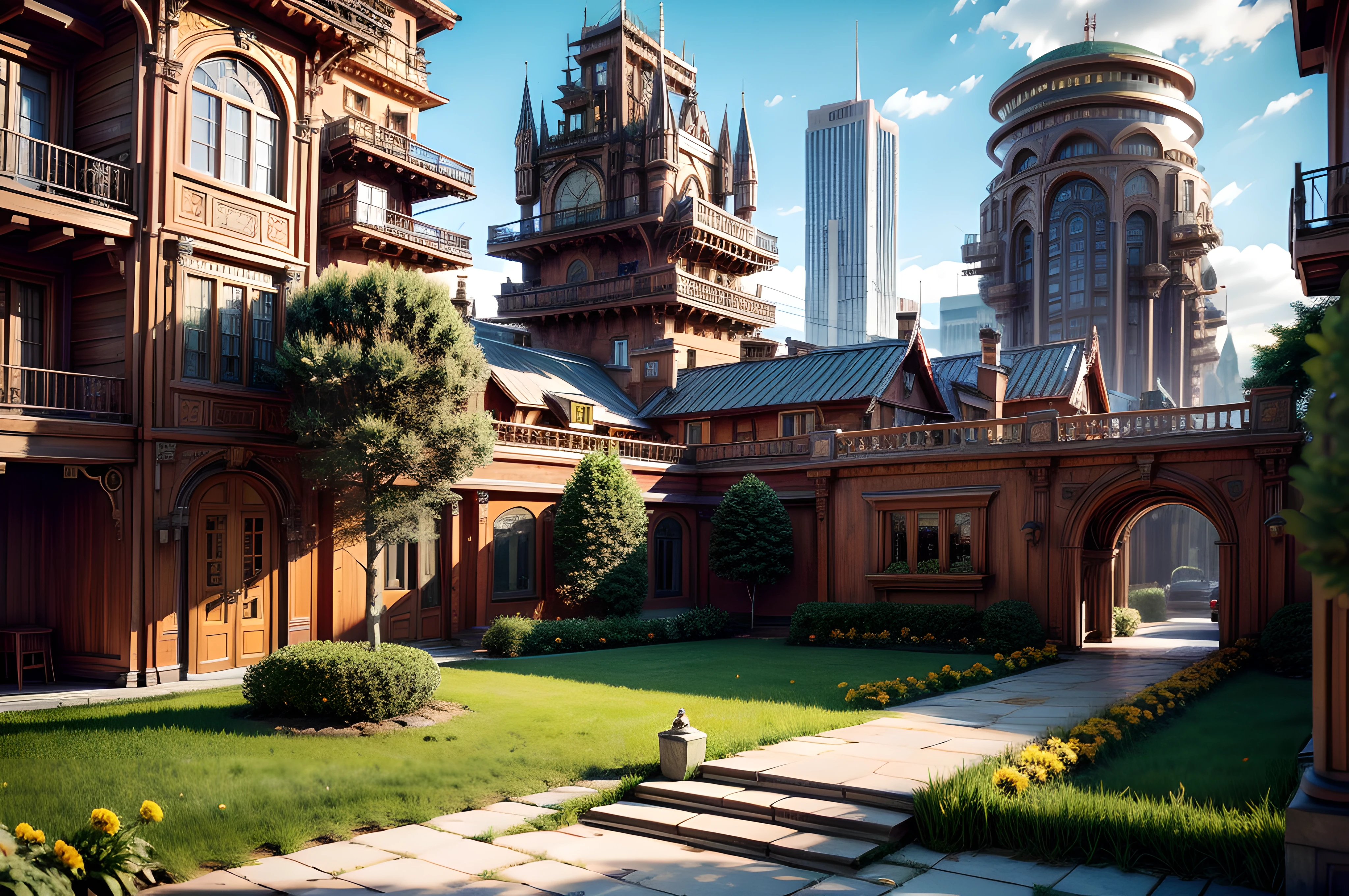 steampunk style, (ultra high res,photo-realistic,best quality,photo-realistic),(8k,raw photo,best quality,masterpiece),(photon mapping,radiosity,physically-based rendering,automatic white balance),photograph,bridge, building, bush, city, cloud, day, door, fence, field, forest, garden, grass, house, mountain, nature, no humans, outdoors, path, plant, ted plant, yellow flower, road, scenery, sky, skyscraper, traditional media, tree, no people, background only