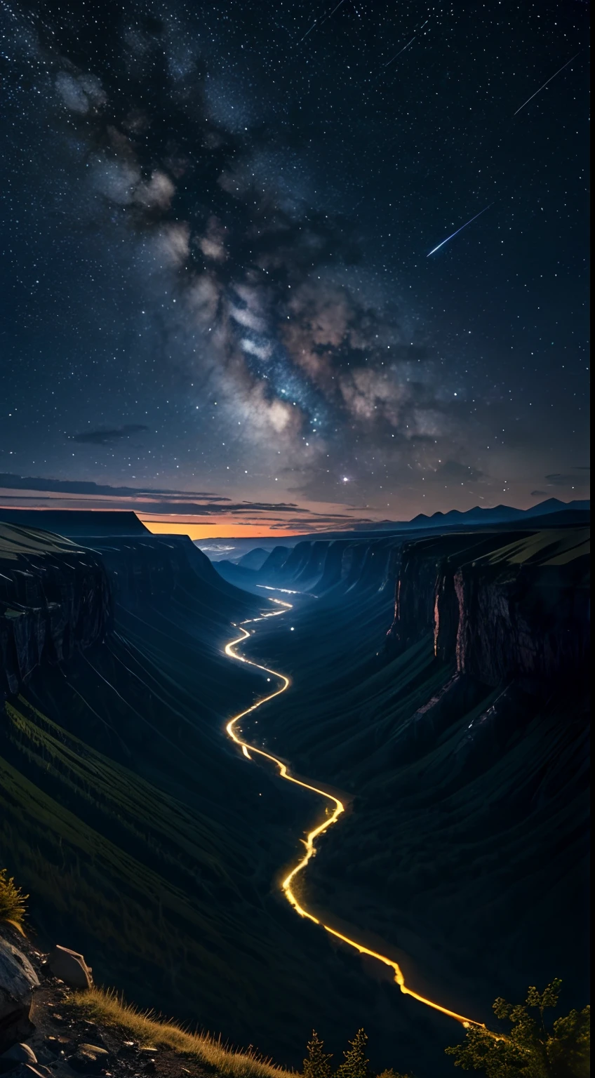 View from the grotto, River Valley, mountains, night sky, Stars, Meteorites, Meteor storm, Nature,