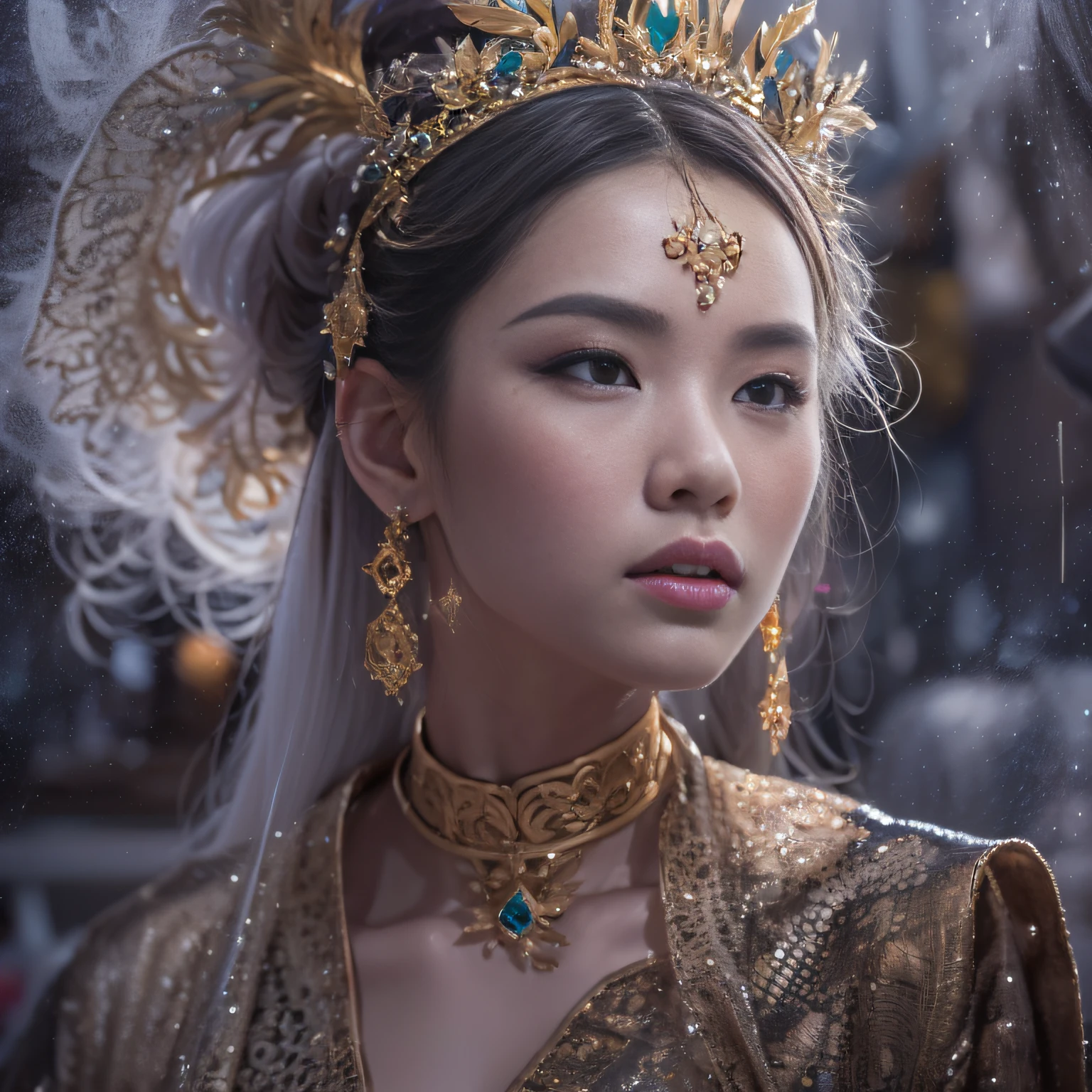 16k（tmasterpiece，k hd，hyper HD，16k）short detailed hair，Gold jewelry area in the back room，Flame Girl ，Dao Lang Protector （realisticlying：1.4），Python pattern robe，Purple-pink tiara，Snowflakes fluttering，The background is pure，Hold your head high，Be proud，The nostrils look at people， A high resolution， the detail， RAW photogr， Sharp Re， Nikon D850 Film Stock Photo by Jefferies Lee 4 Kodak Portra 400 Camera F1.6 shots, Rich colors, ultra-realistic vivid textures, Dramatic lighting, Unreal Engine Art Station Trend, cinestir 800，Hold your head high，Be proud，The nostrils look at people