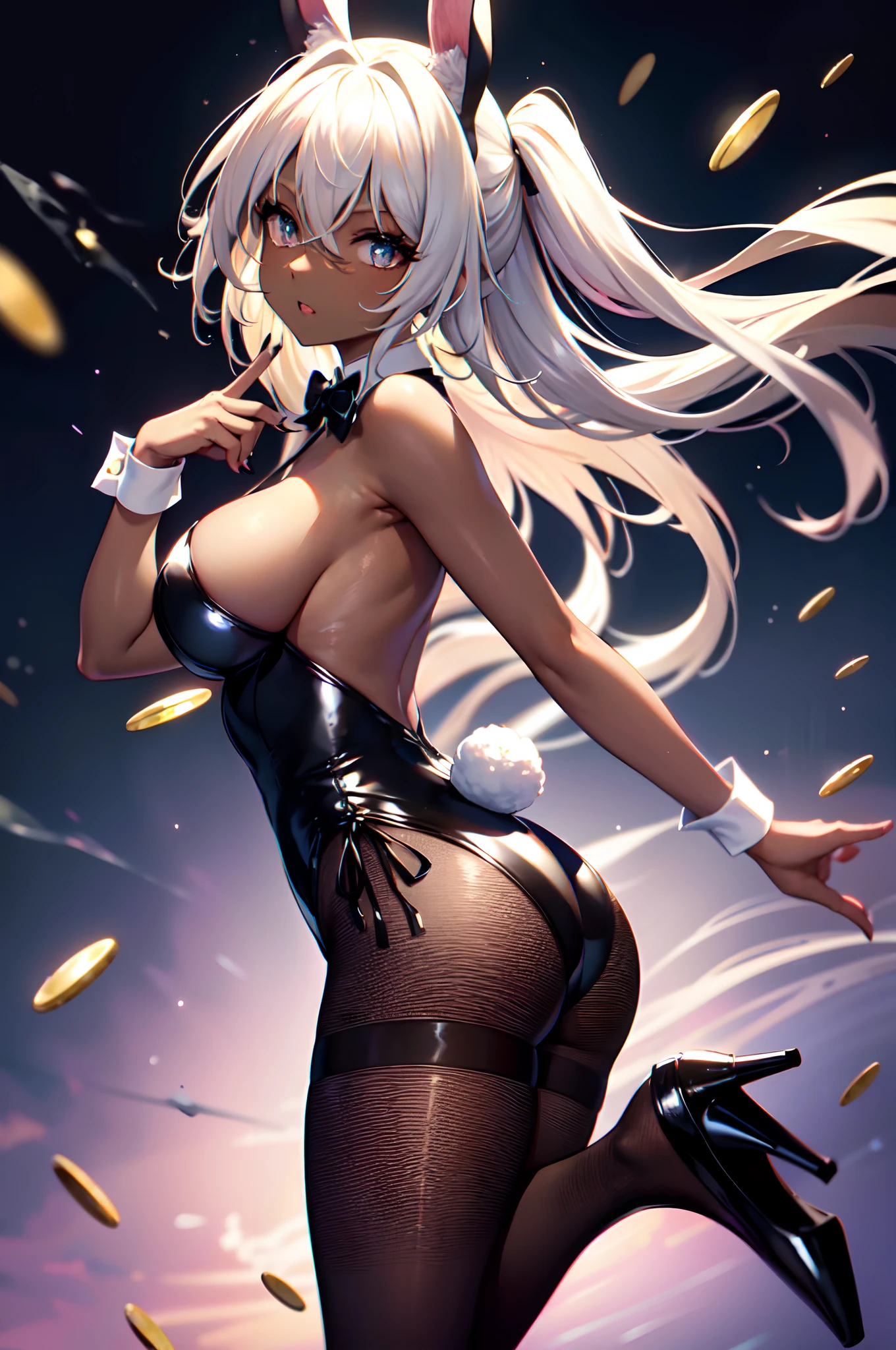 Transcendently Beautiful Girl, (masterpiece face, masterpiece eyes:1.1), BREAK, (black gal), (Dark skin:1.5), (long Blonde Hair Pink Gradient Hair), BREAK, Flat_Chest, Huge_breasts, wide_lower back, Open your mouth and laugh smile, long eyelashes, makeup, BREAK, Bunny Girl, Rabbit ear, Rabbit tail, Enamel Leotard, wrist_Cuffs, bowtie, Black_pantyhose, high_heels, BREAK, (Five Fingers, 4fingers and 1thumb), (Bare arms, Bare shoulders), (ass), hand on own ass, Casino, Roulette table, Lots of coins, Masterpiece, best quality, captures a super cute moment, depth of field, ultra detailed, ultra high resolution, C4D, Octadale, 3D modeling, 8k, 16k,