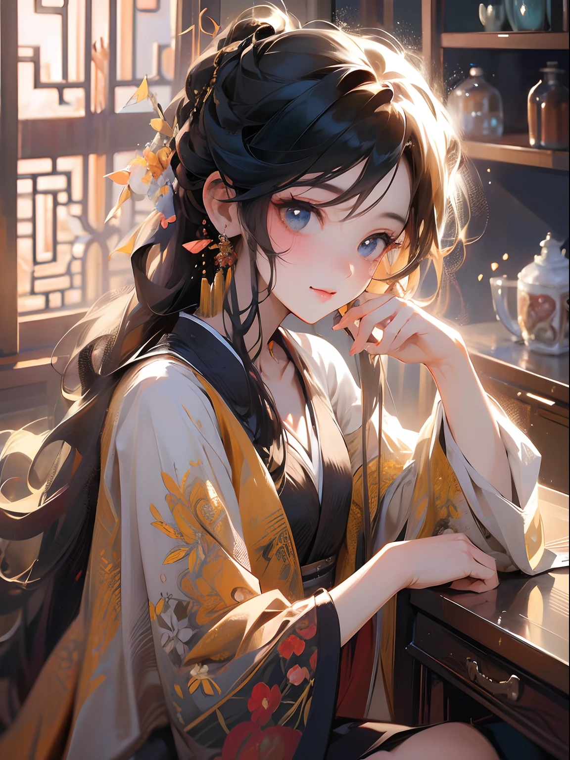 Top image quality，1080p，A high resolution，Beautiful CG，loli girl，Costume hairstyle，Air bangs，ssmile，Bright and beautiful eyes，long eyelasher，prefect symmetrical face，glowy skin，Long-sleeved hanfu，（Delicate collar），Chinese style room，Classic furniture，Lattice windows，窗帘，ancient wind