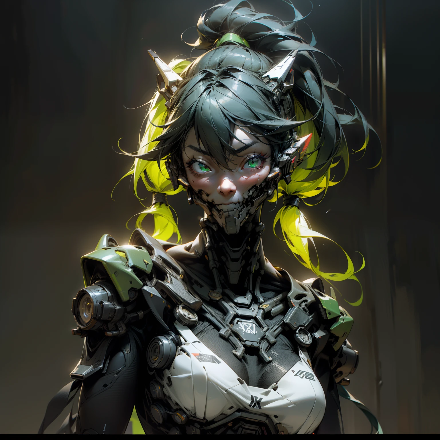 REAL SKIN WRX62, REFLECTIVE SKIN MH66, VSGX62, REAL LIFE 5D PRO, NVDIA, AMD GRAPHICS, EPIC PORTRAIT, MOVIE STYLE DYNAMIC LIGHTING PRO, (neon green skeleton cyberpunk girl with pigtails, long hairz cute) highly detailed, micro detail, intricate, 8K, hyper detailed, realistic render, unreal engine, hyperrealistic, lifelike, very coherent, fantasy, cinematic lighting, at night, epic composition, masterpiece, cinematic,