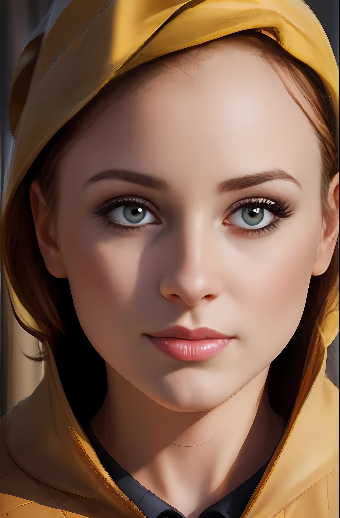 There is a woman in a yellow hat and a yellow jacket, realistic digital painting, Gorgeous Digital Painting, photorealistic digital painting, ultra realistic digital painting, glossy digital painting, Detailed digital painting, stunning digital painting, ultra realistic digital painting, realistic digital illustration, high detail digital painting, Photorealistic beautiful face, Realistic beautiful face, beautiful digital painting, low details. Digital Painting