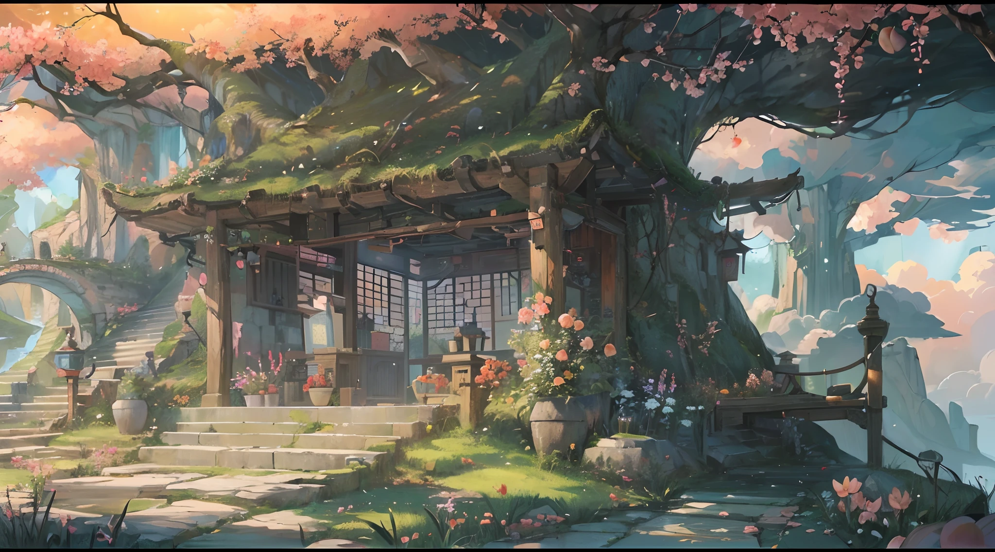 (Look inside through the cave,cinmatic lighting,wonderland,Auspicious clouds,Peach blossom tree,Peach Blossom Forest:1.35),wood bridges,thatched hut,lawns,villages,Green Mountains and Green Water,Clear water,steams,Small rivers,moss,Flowers and plants,Waterfalls,Pavilions,BEST lighting,volume light,flashing lights,Expand the scenery deeply,One scene to the end