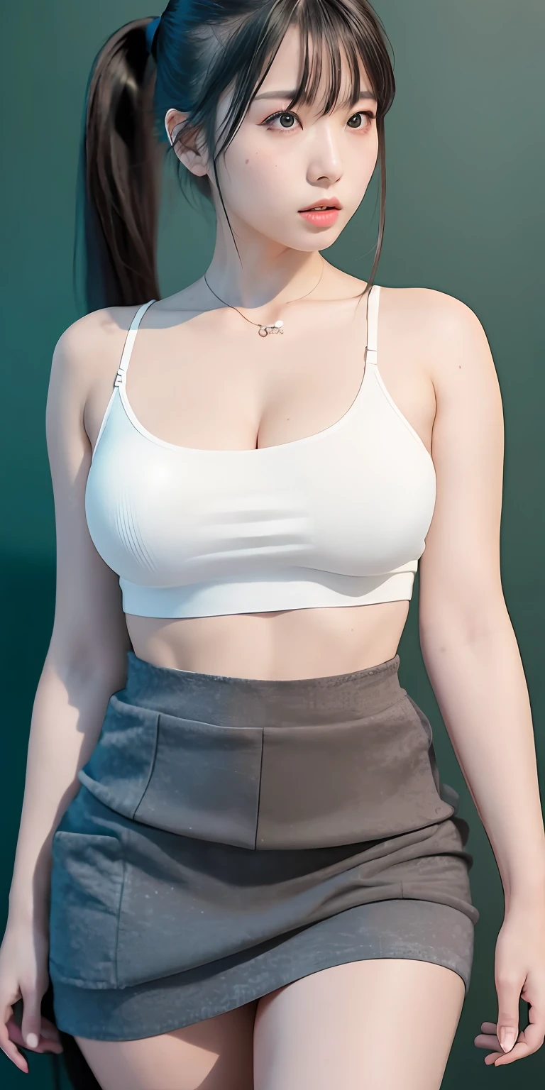 Masterpiece, best quality, (realistic, realistic: 1.4), (RAW photo: 1.2), very detailed CG unity 8k wallpaper, very delicate and beautiful, amazing, fine details, official art, ridiculous, unbelievably ridiculous , huge file size, super detailed, very detailed, pretty detailed girl, very detailed eyes and face, beautiful detailed eyes, light on face, 1girl, long hair, ((ponytail)), solo, cute, looking at viewer, (perfect female figure) , slender waist, full body, big breasts, standing, school uniform, miniskirt, miniskirt, plaid skirt, navel, cropped navel, tank top, bare arms, bangs, school, classroom, ulzzang-6500- v1.1
