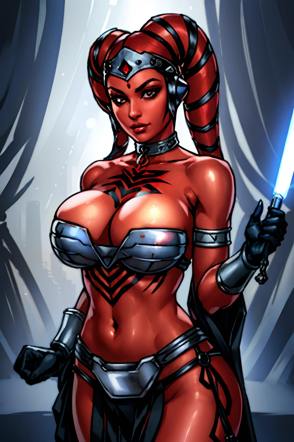 (masterpiece:1.2, best quality:1.2, beautiful, high quality, highres:1.1, aesthetic), detailed, extremely detailed, ambient soft lighting, 4K, perfect eyes, perfect face, perfect lighting, 1girl, (((red skin))), sexy busty Twi'lek, ((huge breasts, skindentation, cleavage)), looking at viewer, sharp facial features, silver and black bikini, silver, ornate strapless metal bra, metal lace, gemstones, silver jewelry, long skirts, choker, armlets, pelvic curtain, silks, Star Wars, lekku stripes, Star Wars,