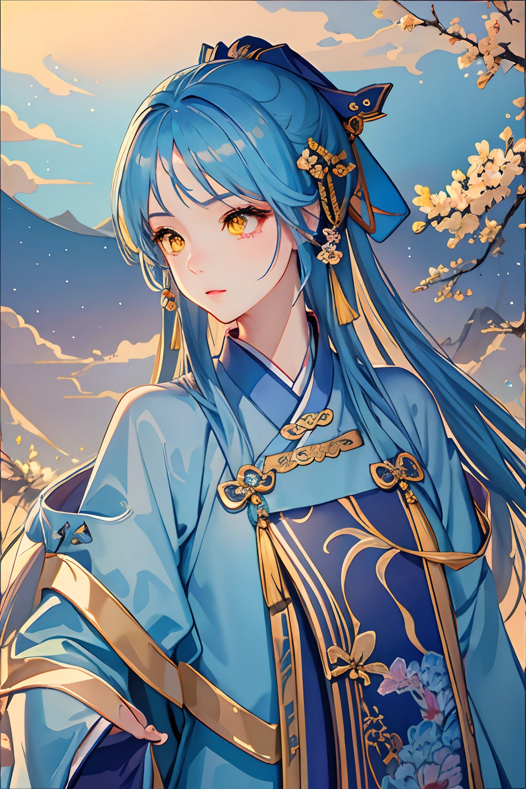 Masterpiece, Professional lighting, photon maping, Radio City, Physically-based rendering,1girll, full bodyesbian,absurderes, A high resolution, skylines, Beautiful detailed sky, Covered ,(Hanfu, Ming style),Yellow eyes,Pull a bow and arrow